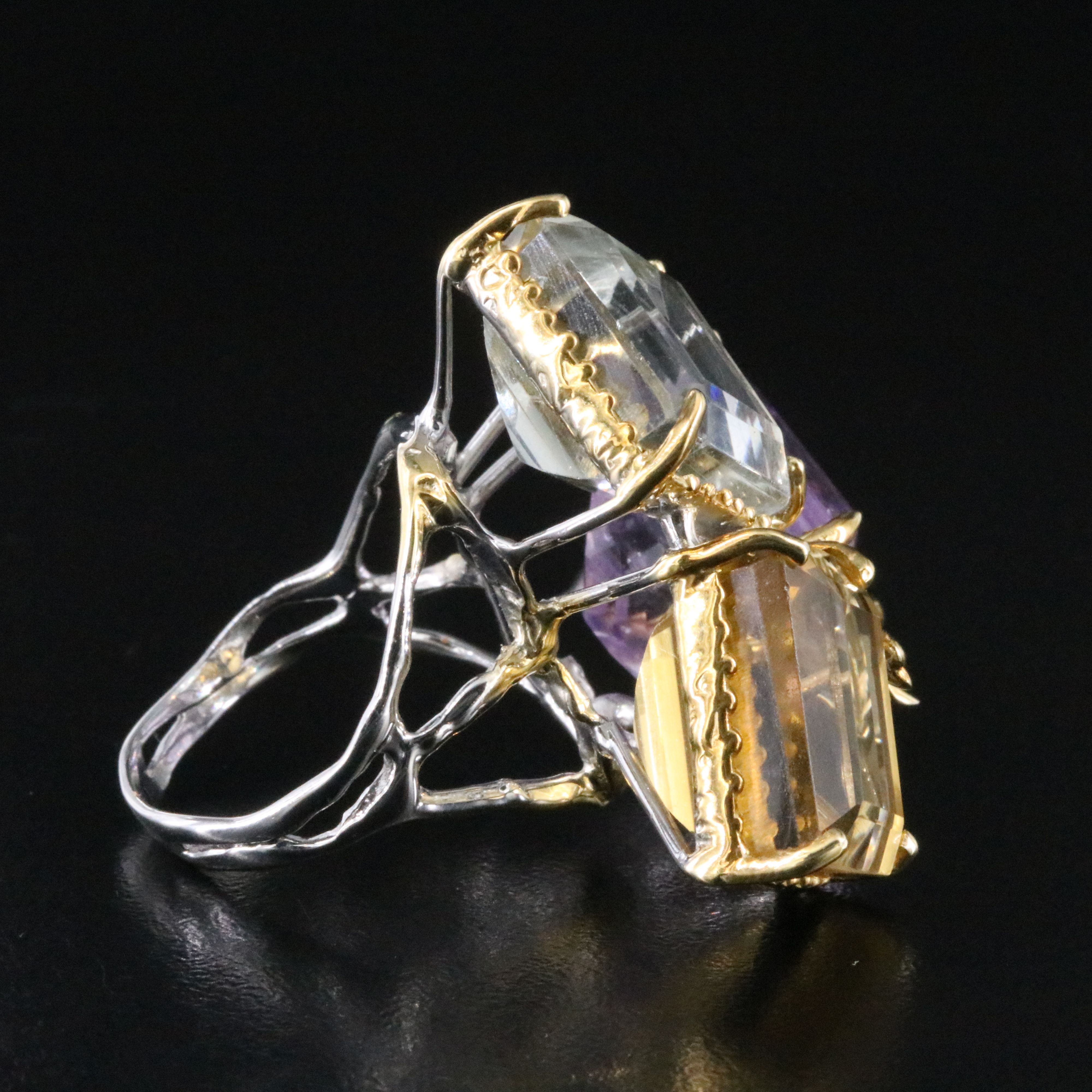 Sterling Amethyst, Prasiolite and Citrine Ring with Dragonfly Accent