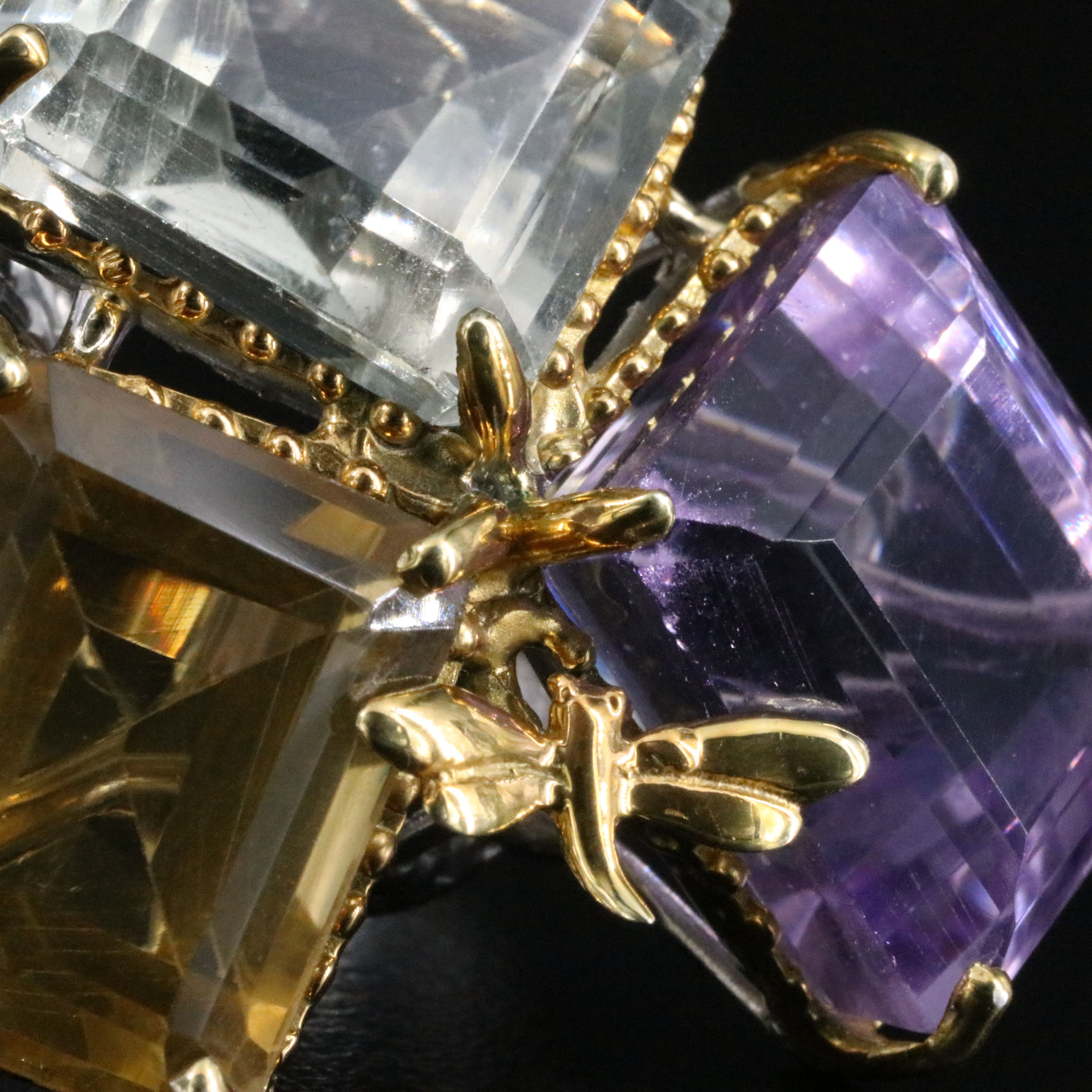 Sterling Amethyst, Prasiolite and Citrine Ring with Dragonfly Accent