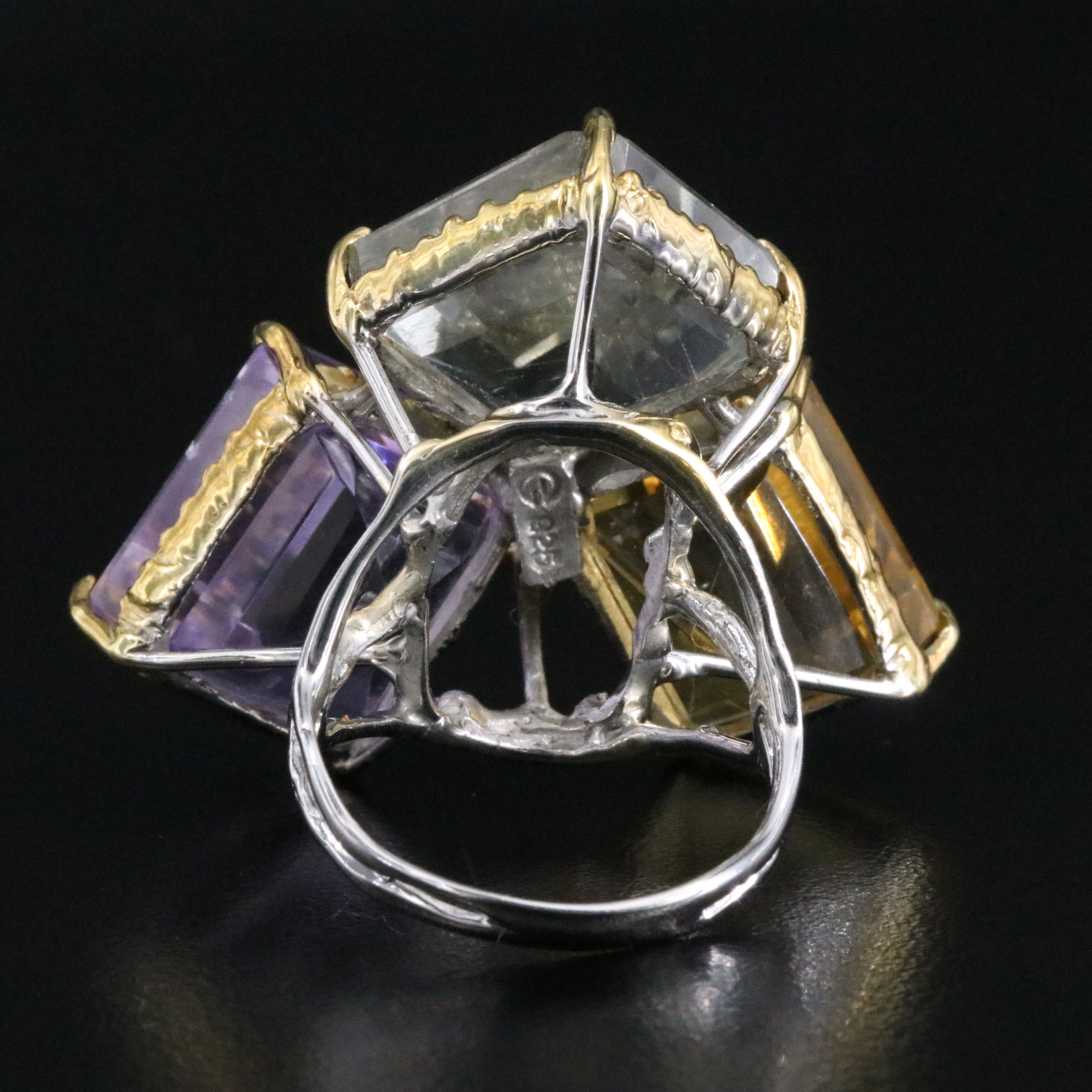 Sterling Amethyst, Prasiolite and Citrine Ring with Dragonfly Accent