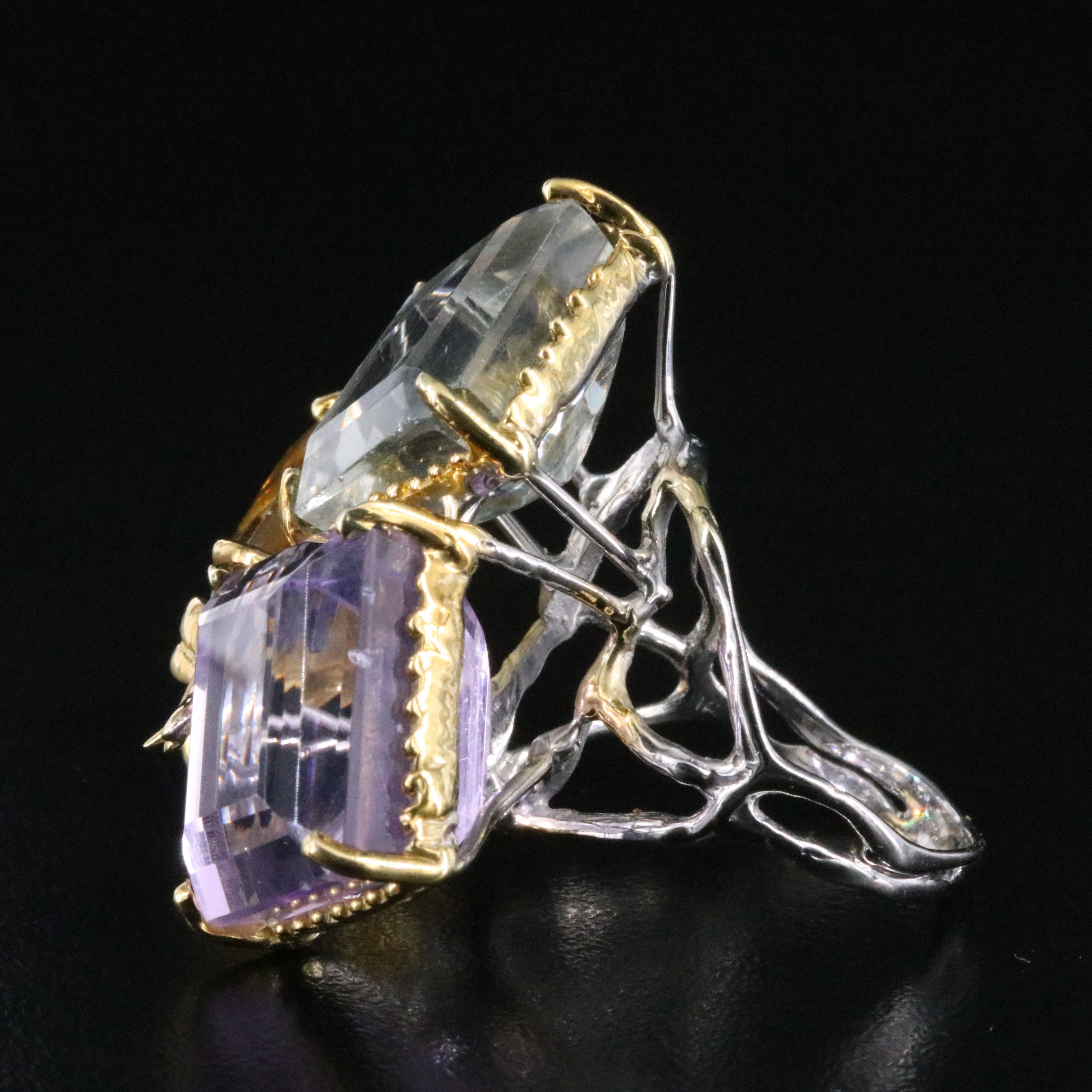 Sterling Amethyst, Prasiolite and Citrine Ring with Dragonfly Accent