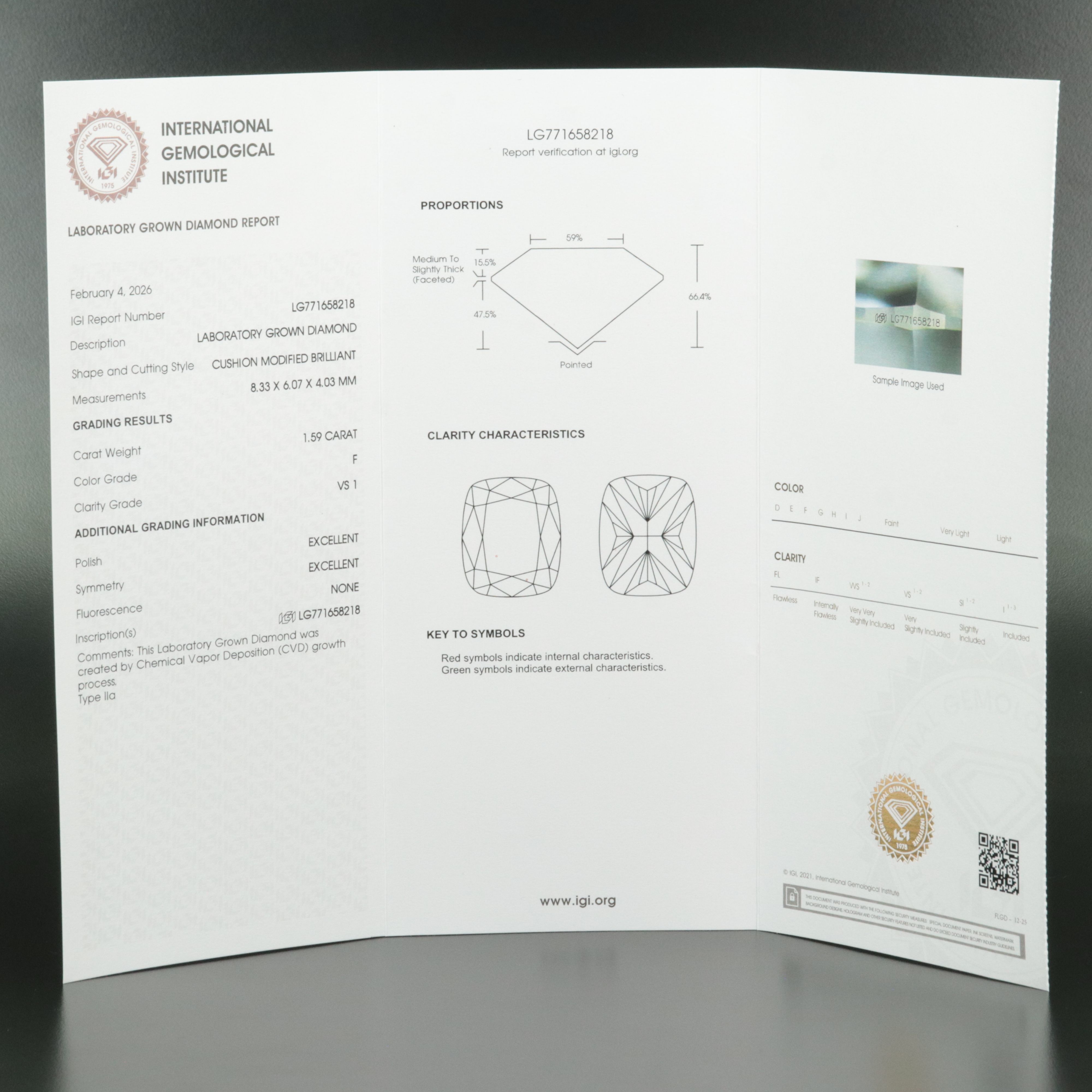 Loose 1.59 CT Lab Grown Diamond with IGI Report
