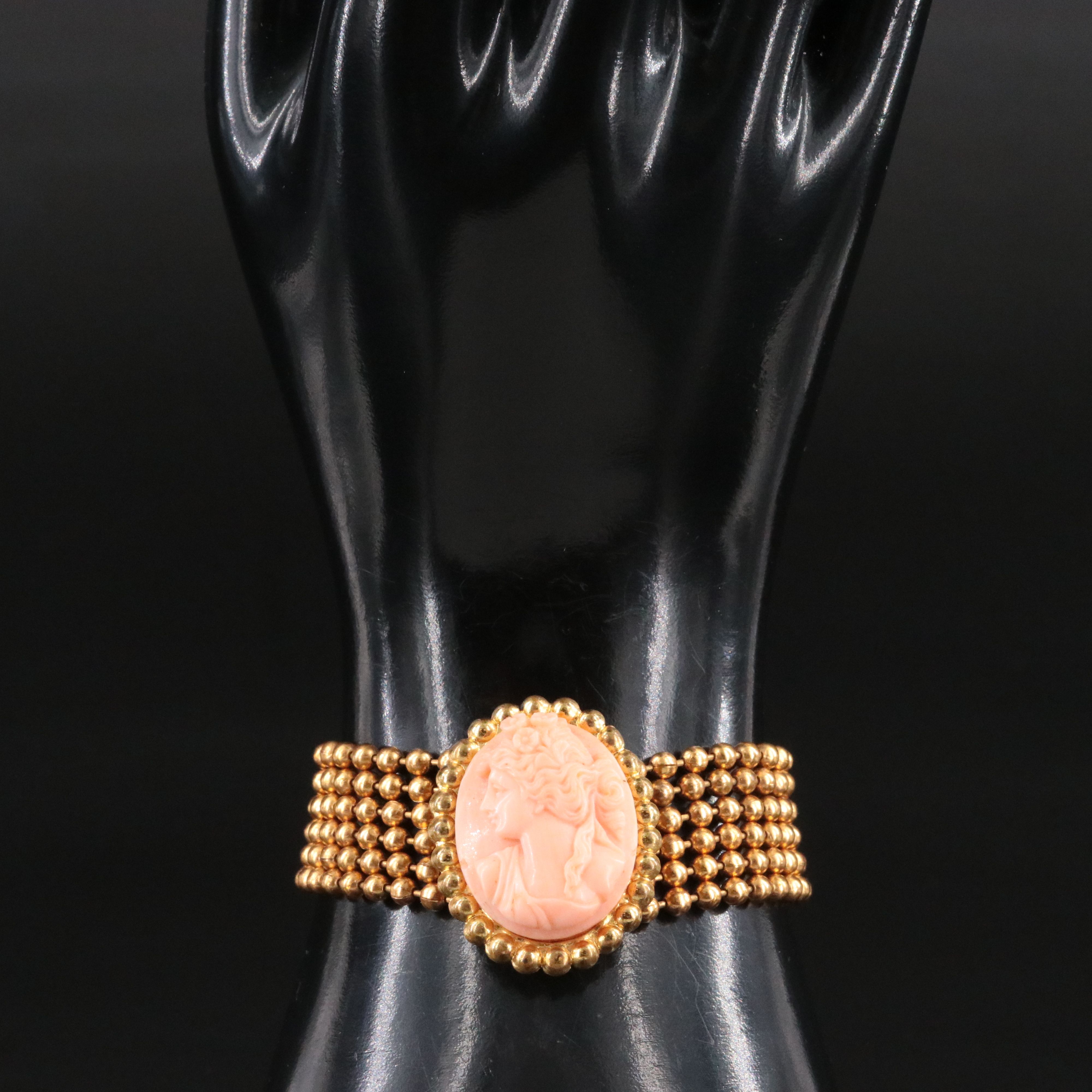 Greco-Roman Revival Goddess Floral Shell Cameo Bracelet, 1940s