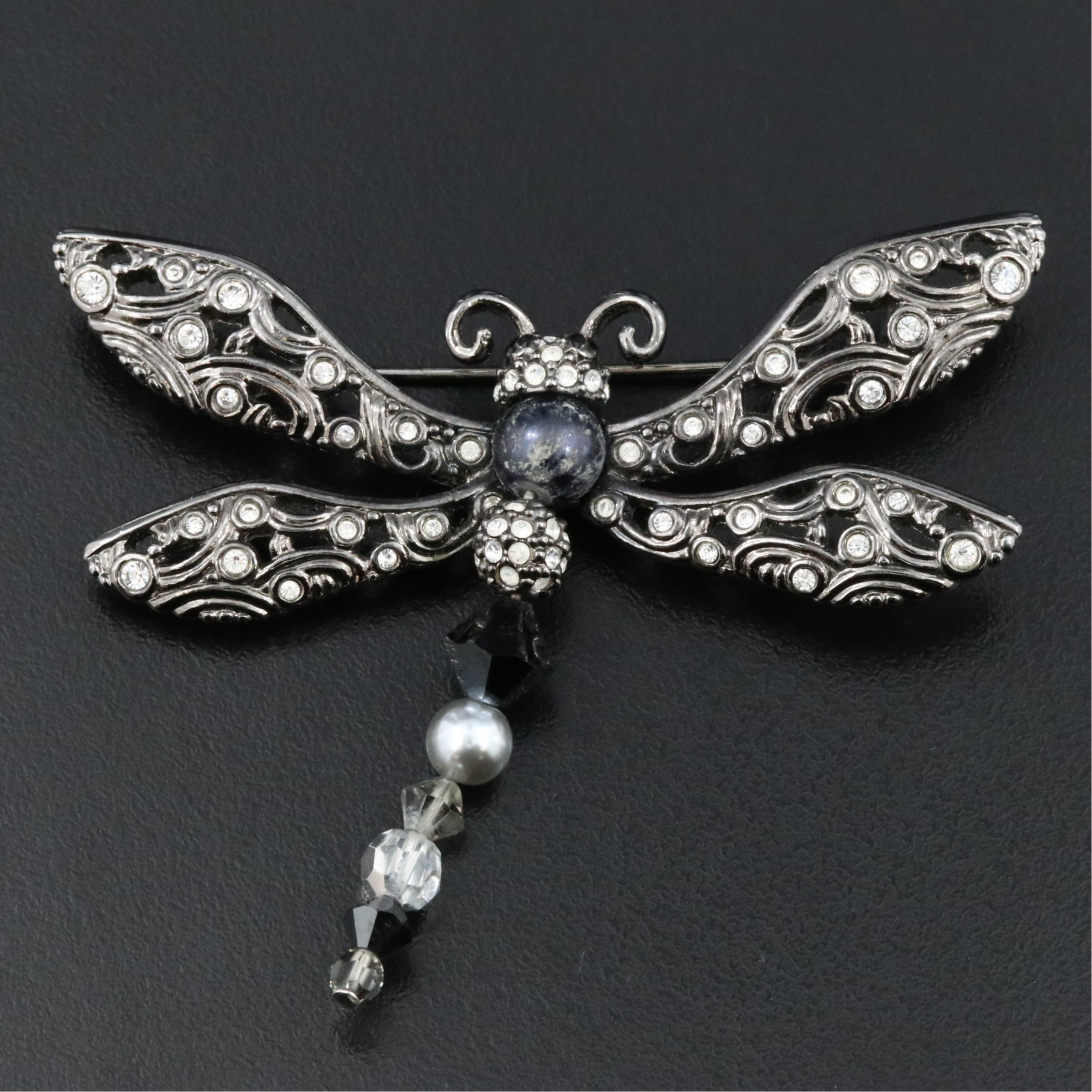 Swarovski Crystal and Faux Pearl Dragonfly Brooch
