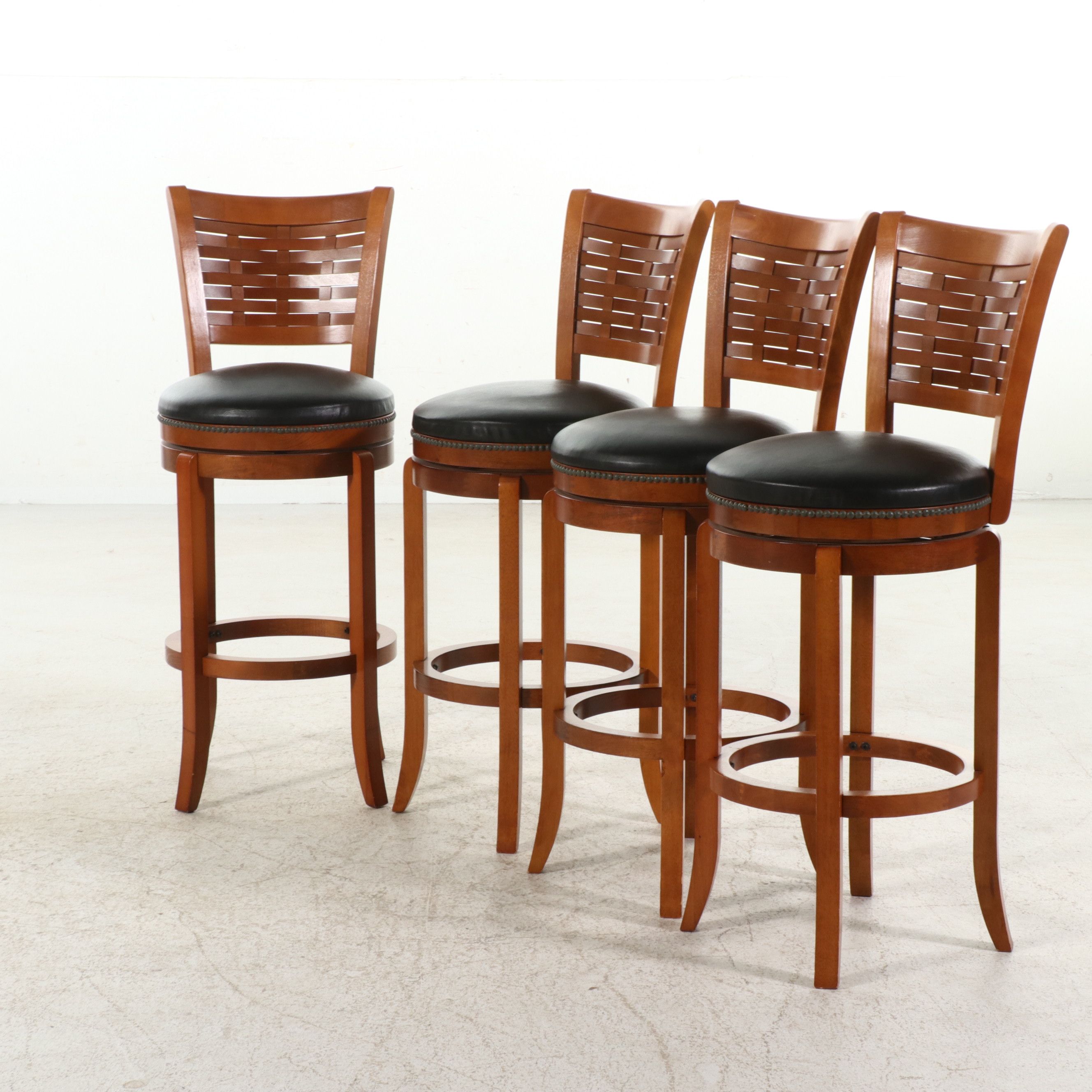 Set of Four Contemporary Swivel Barstools with Basketweave Backs, 21st Century