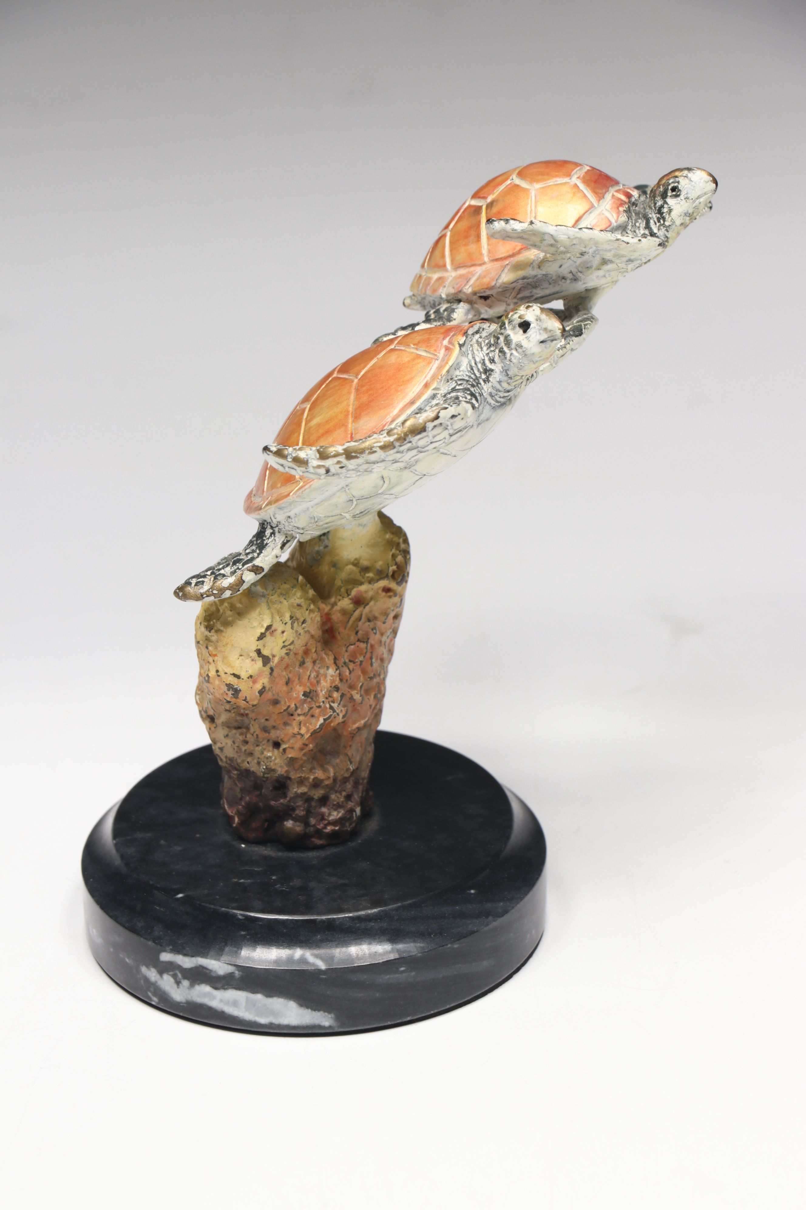 San Pacific International Brass Sea Turtles on Marble with Glass Conch Shell