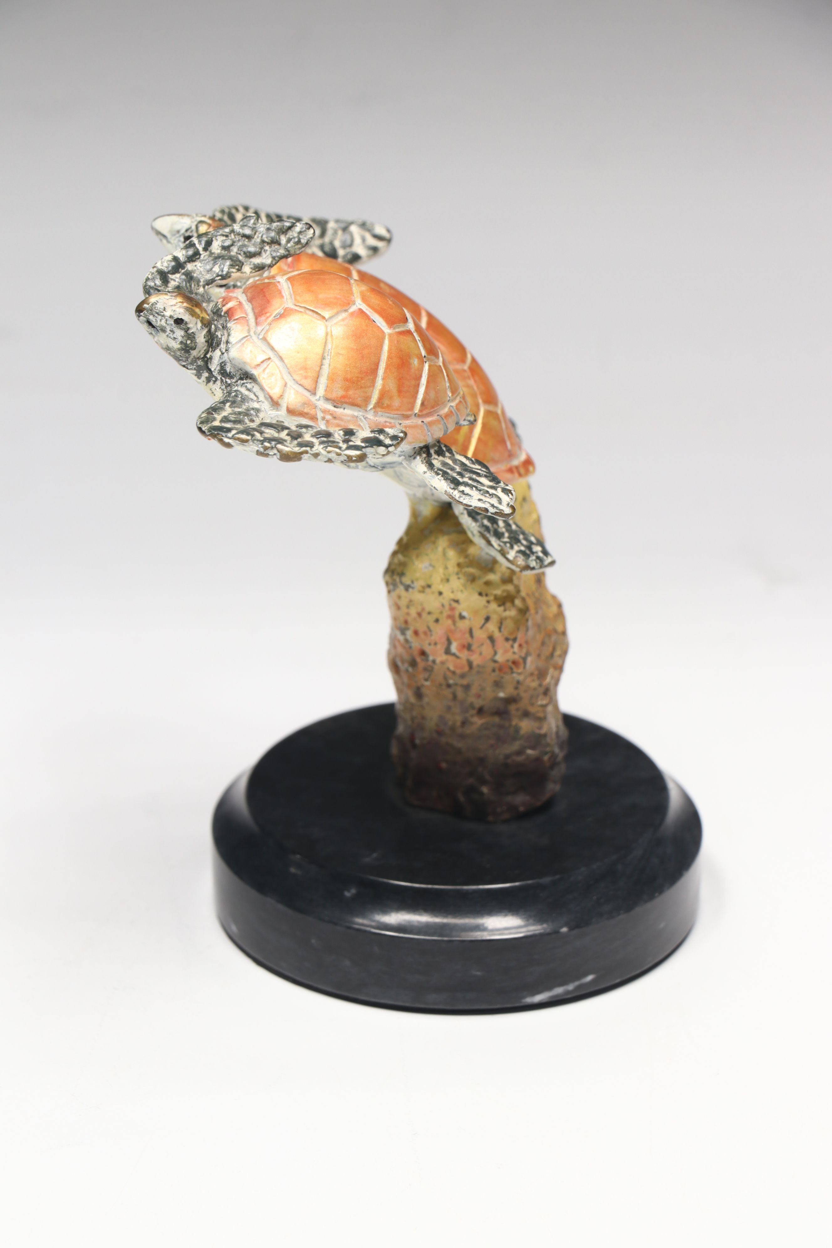 San Pacific International Brass Sea Turtles on Marble with Glass Conch Shell