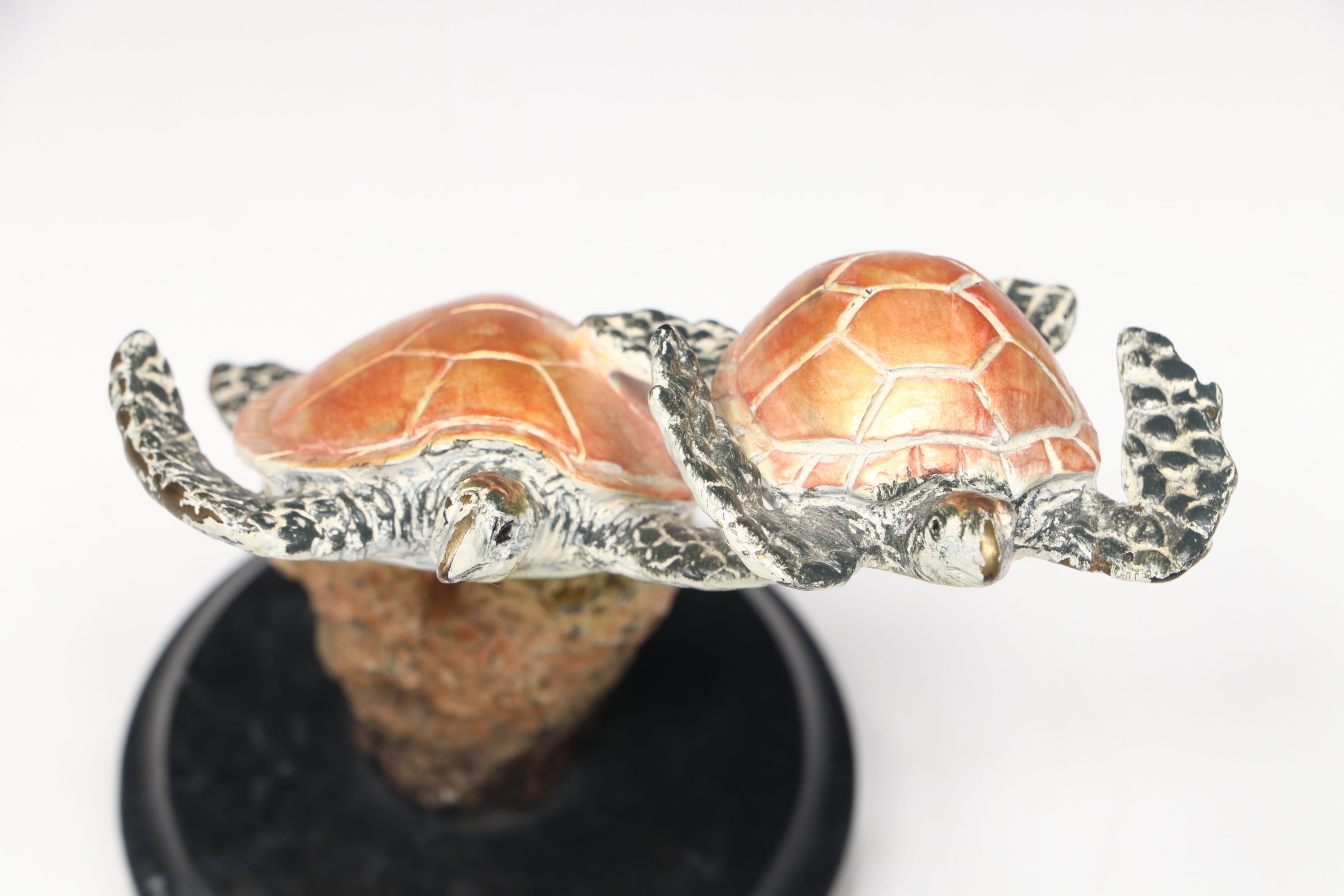 San Pacific International Brass Sea Turtles on Marble with Glass Conch Shell