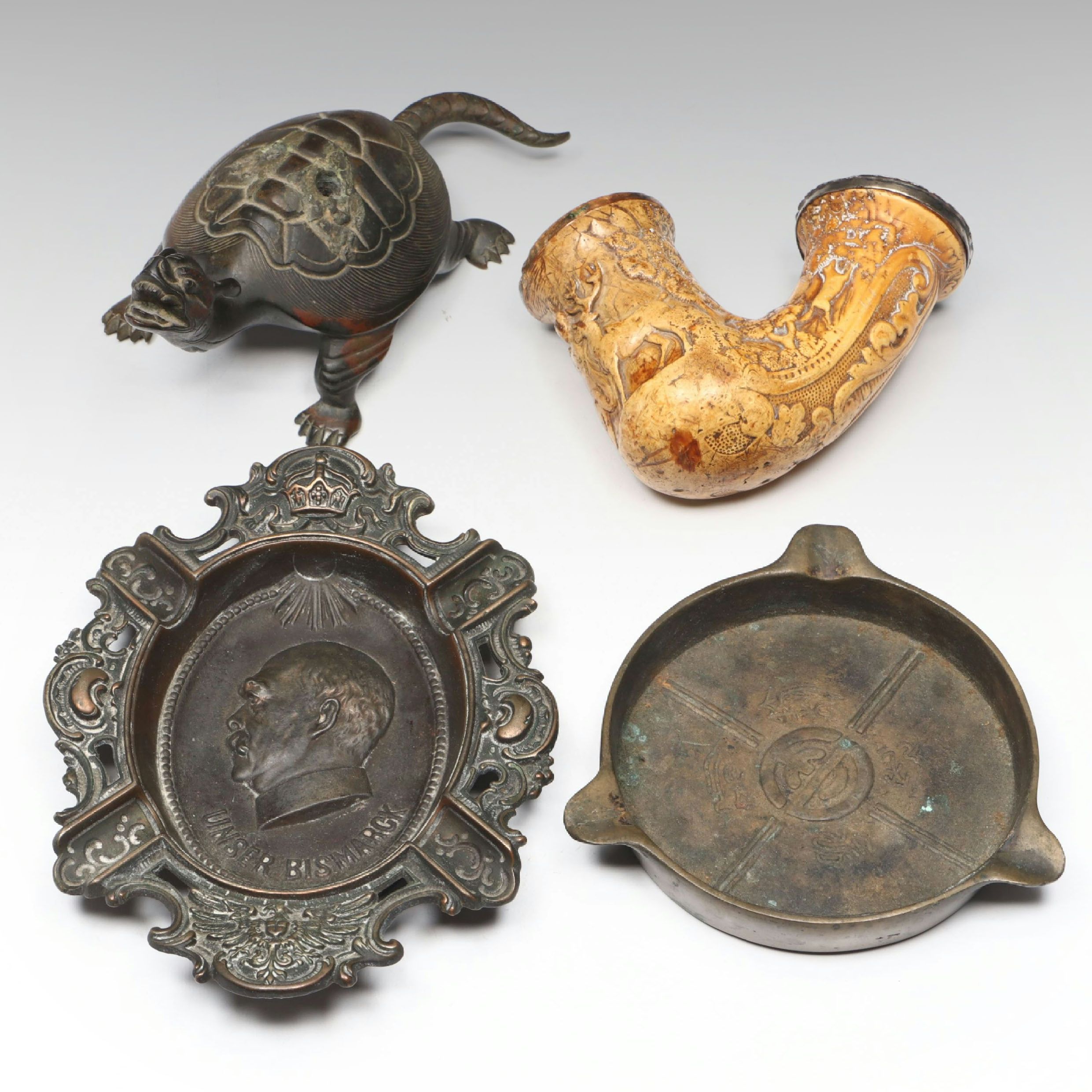 Chinese and Other Metal Ashtrays with Metal Turtle and Carved Wood Tobacco Pipe