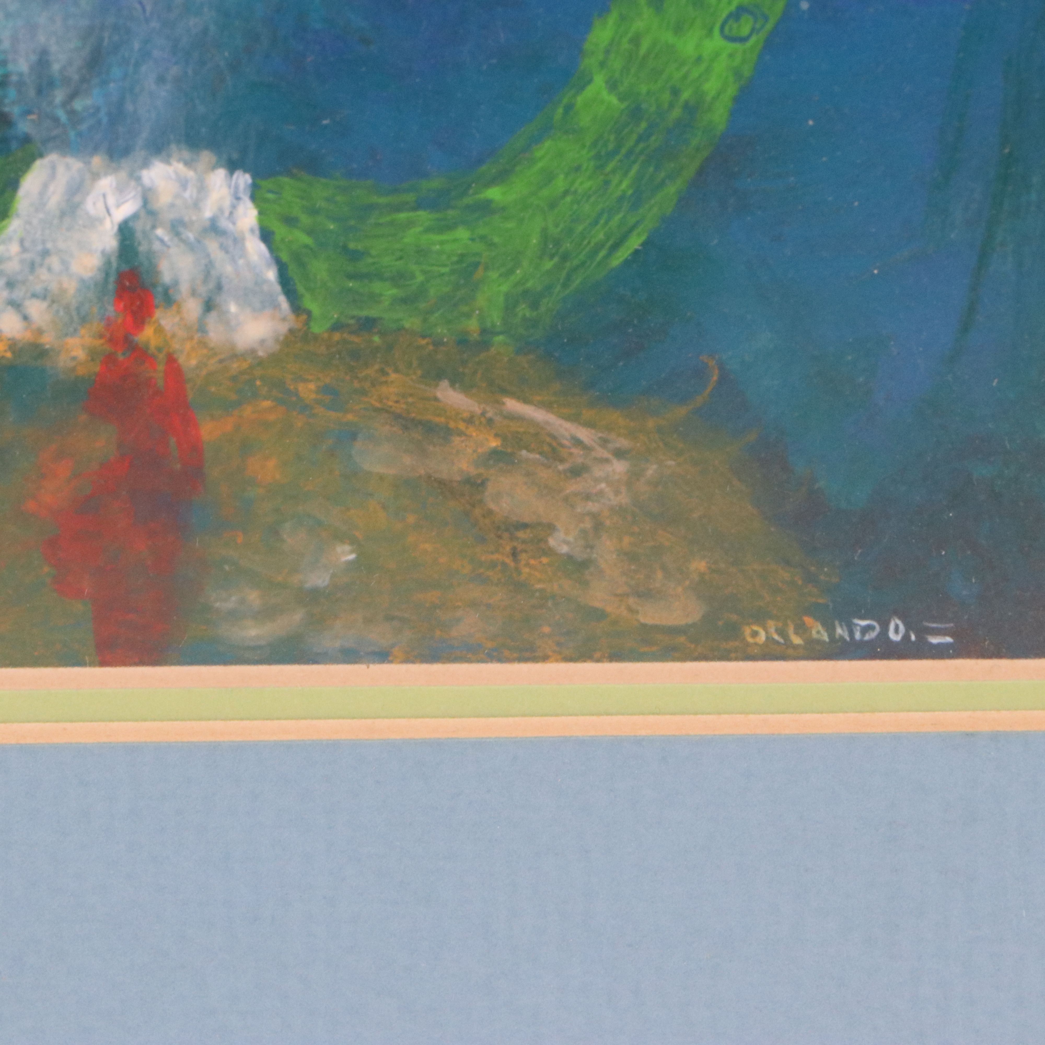 Felipe Orlando Surrealist Figure Gouache Painting, Late 20th or 21st Century