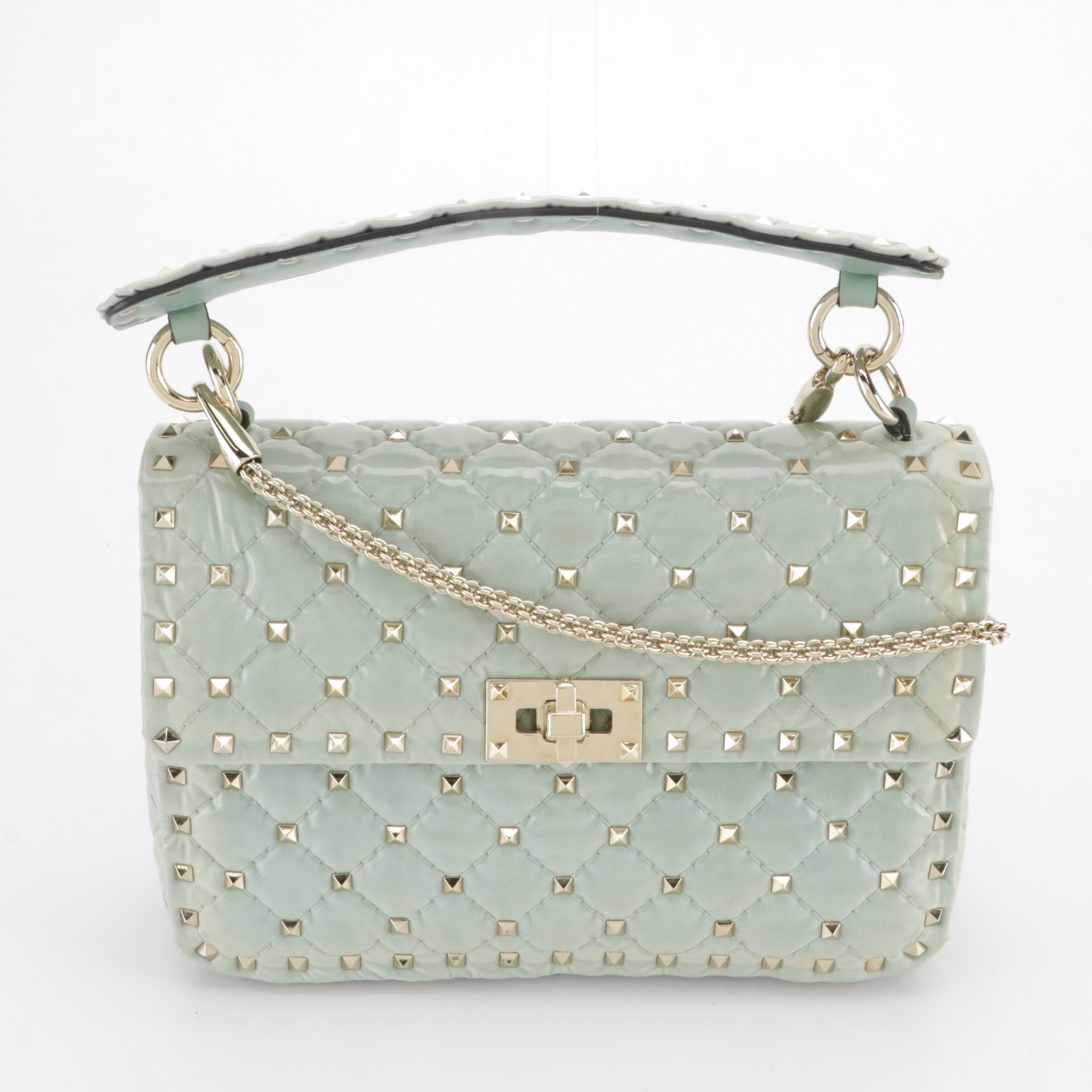 Valentino Garavani Two-Way Rockstud Bag in Sea Foam Green Quilted Patent Leather