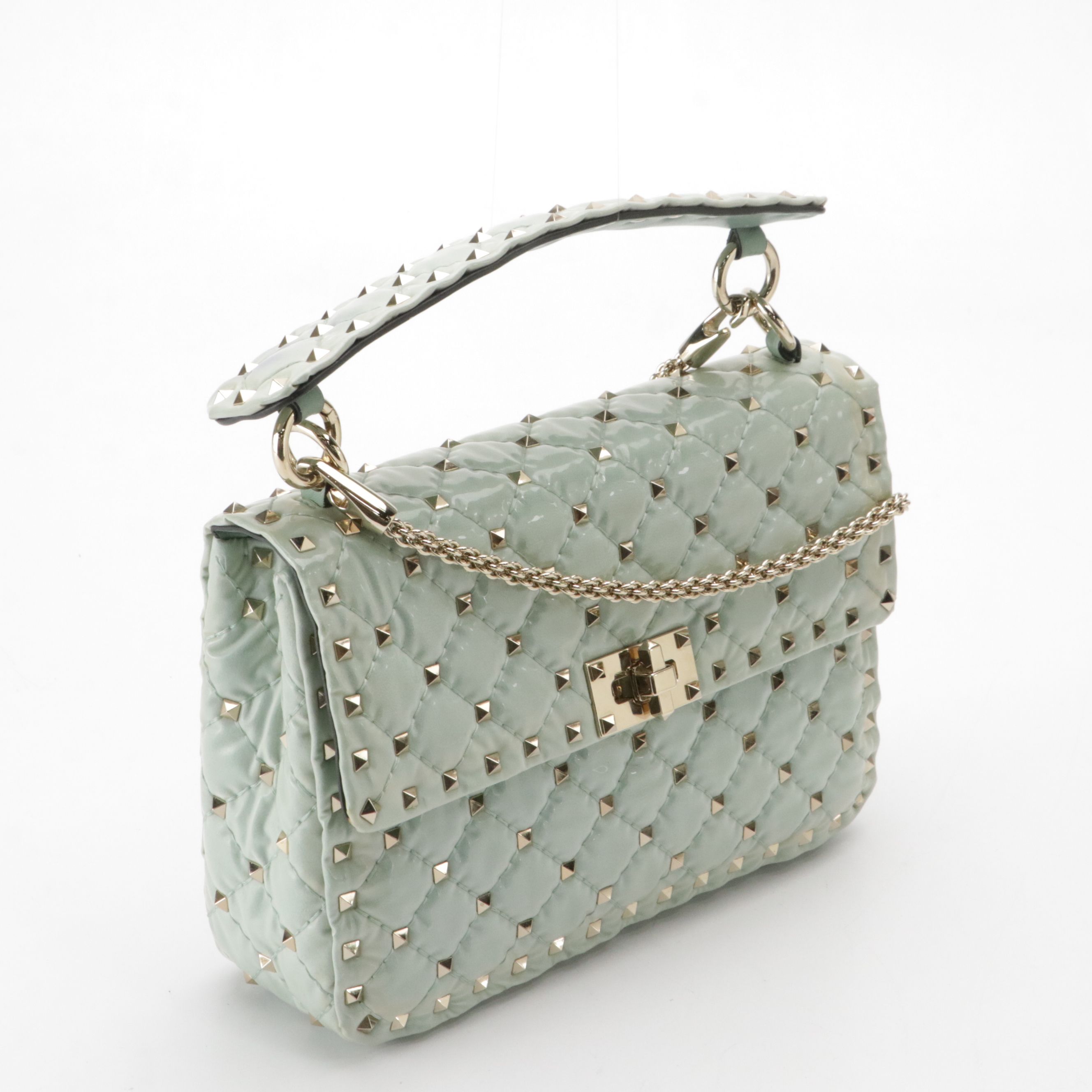 Valentino Garavani Two-Way Rockstud Bag in Sea Foam Green Quilted Patent Leather
