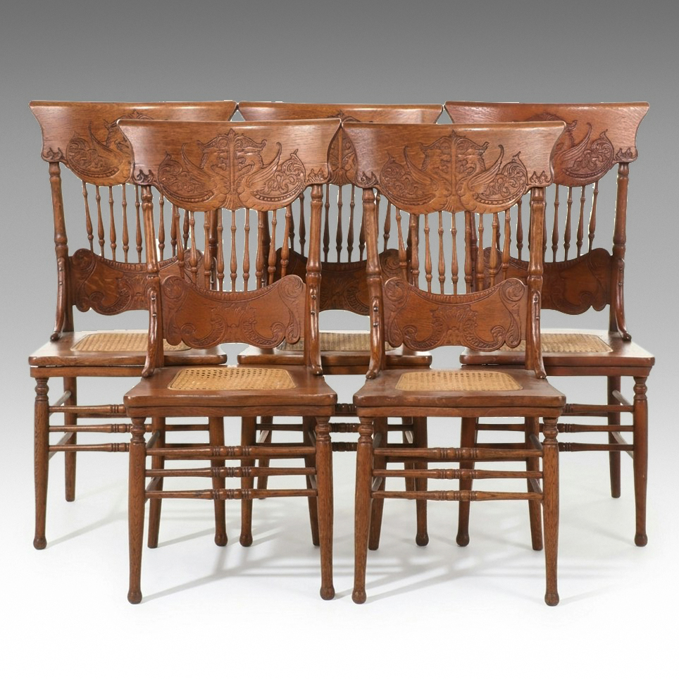 Set of Five Victorian Style Pressed-Back Oak Dining Chairs with Cane Seats