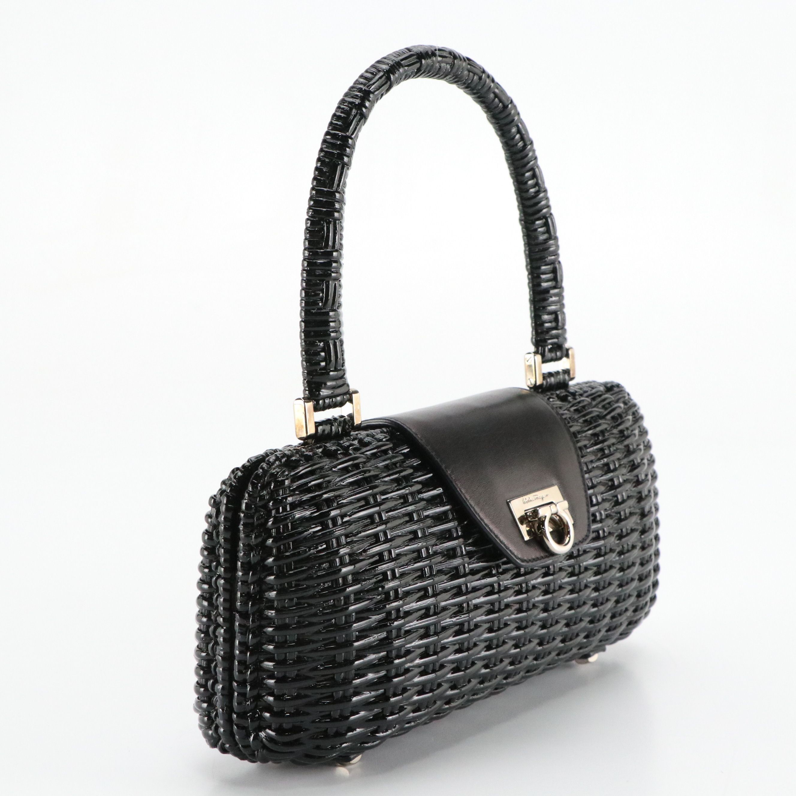 Salvatore Ferragamo Clamshell Handbag in Shiny Black Wicker and Calfskin