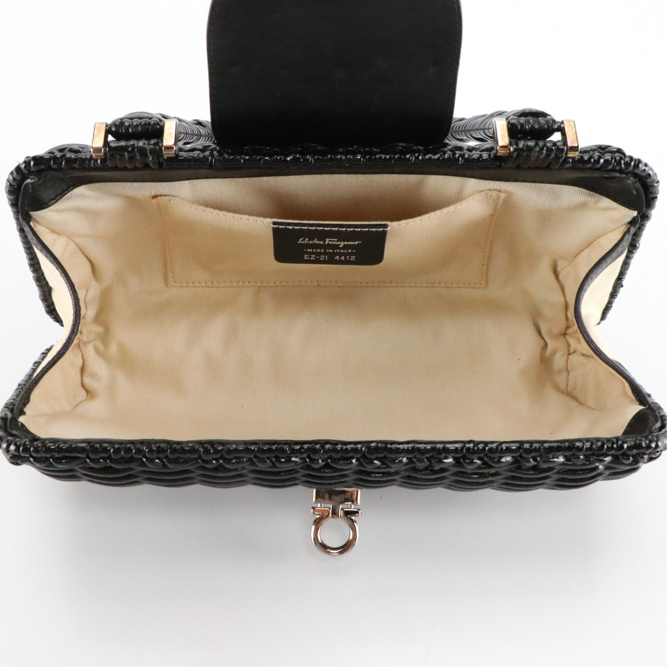 Salvatore Ferragamo Clamshell Handbag in Shiny Black Wicker and Calfskin