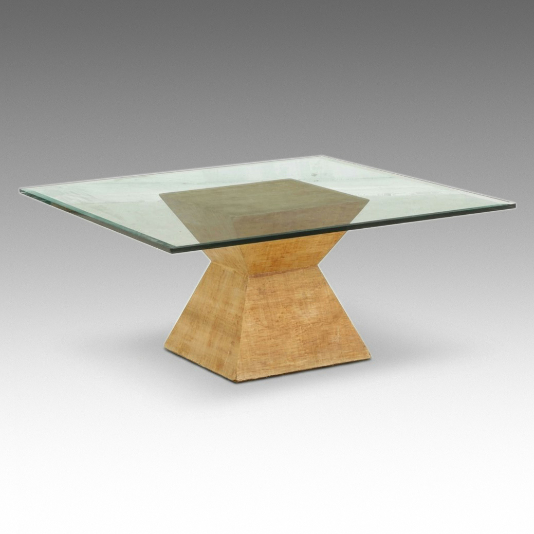 Postmodern Glass-Top Cocktail Table with Hourglass Shaped Base