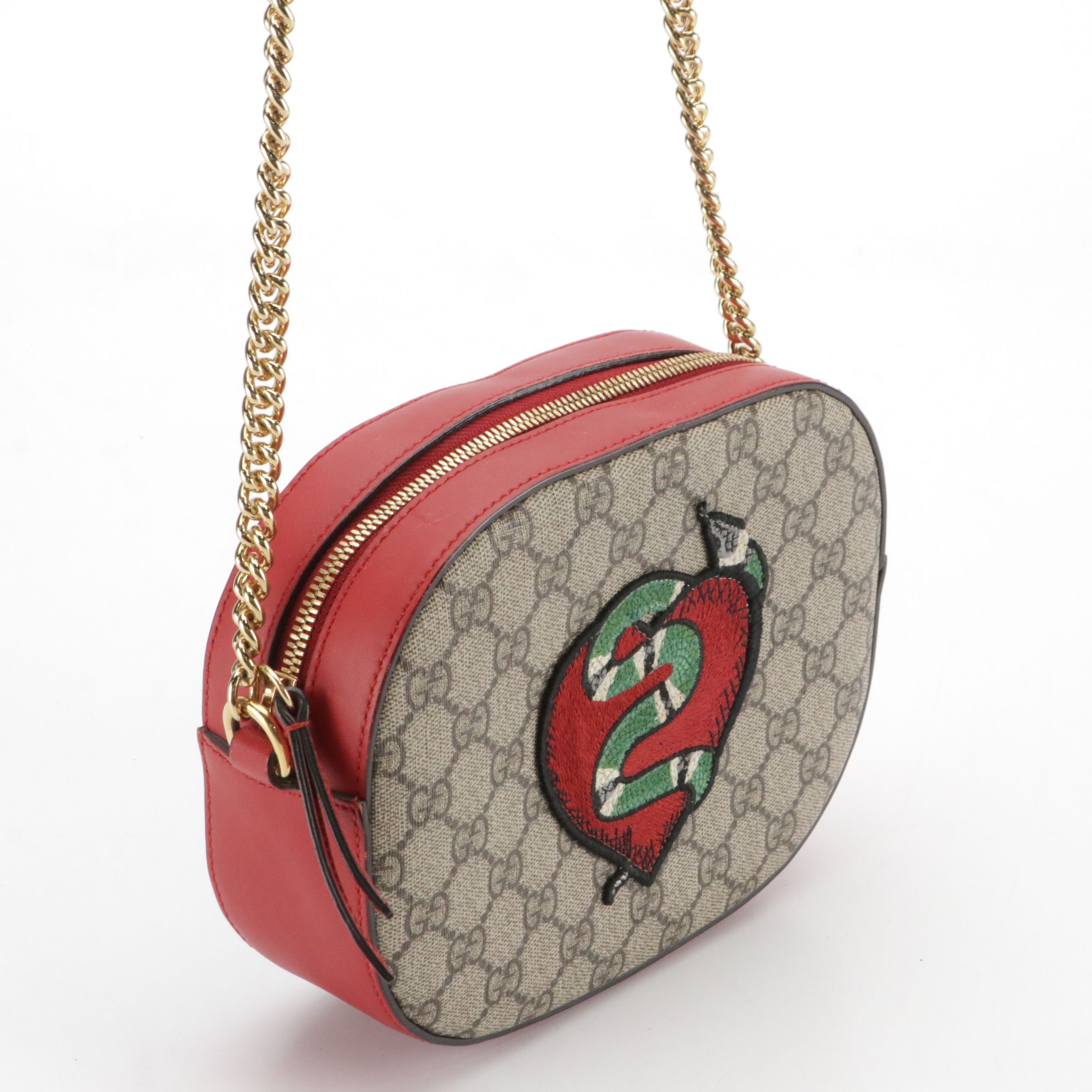 Gucci Snake Embroidery Chain Crossbody Bag in GG Supreme Canvas and Red Leather