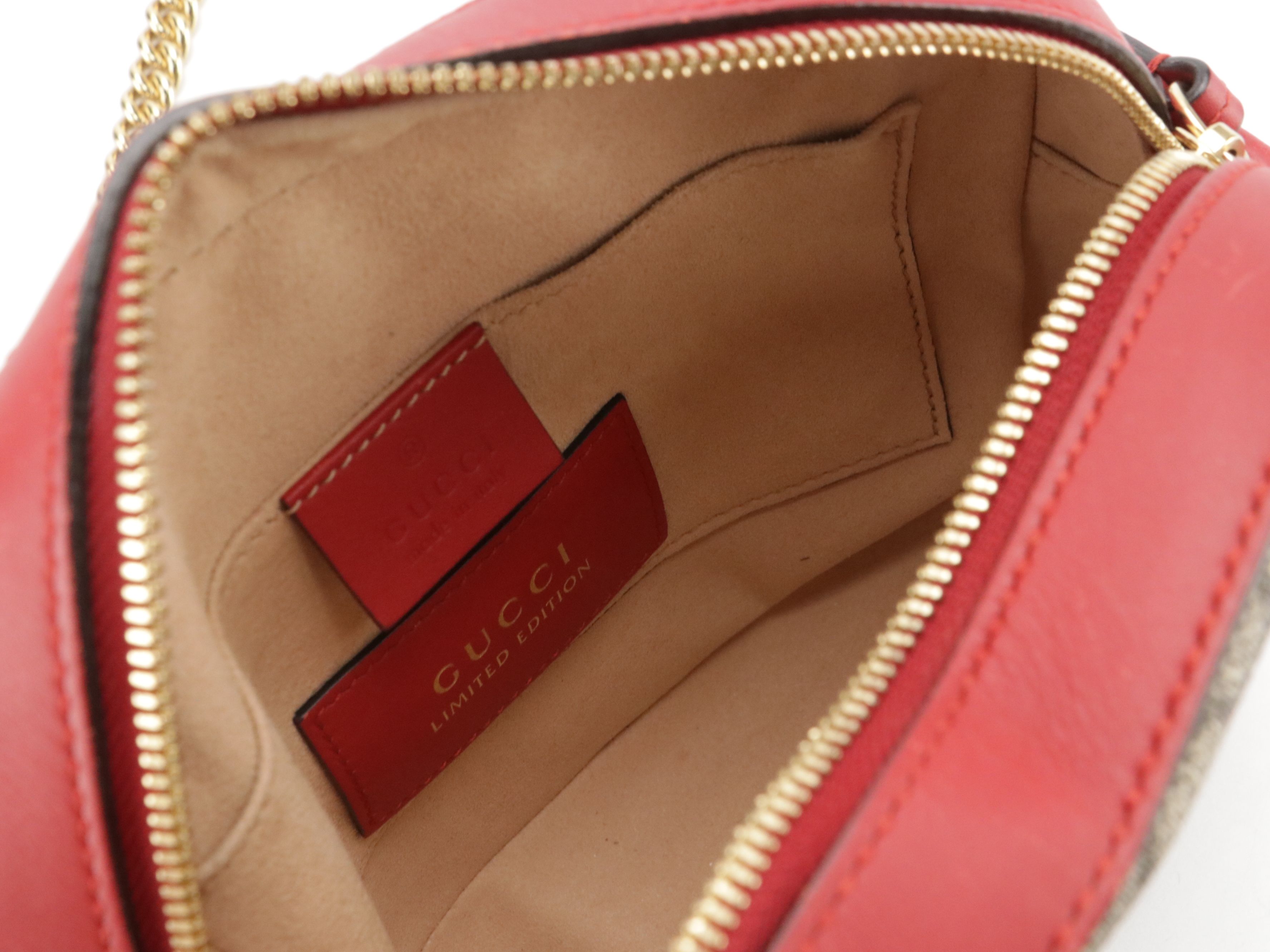 Gucci Snake Embroidery Chain Crossbody Bag in GG Supreme Canvas and Red Leather