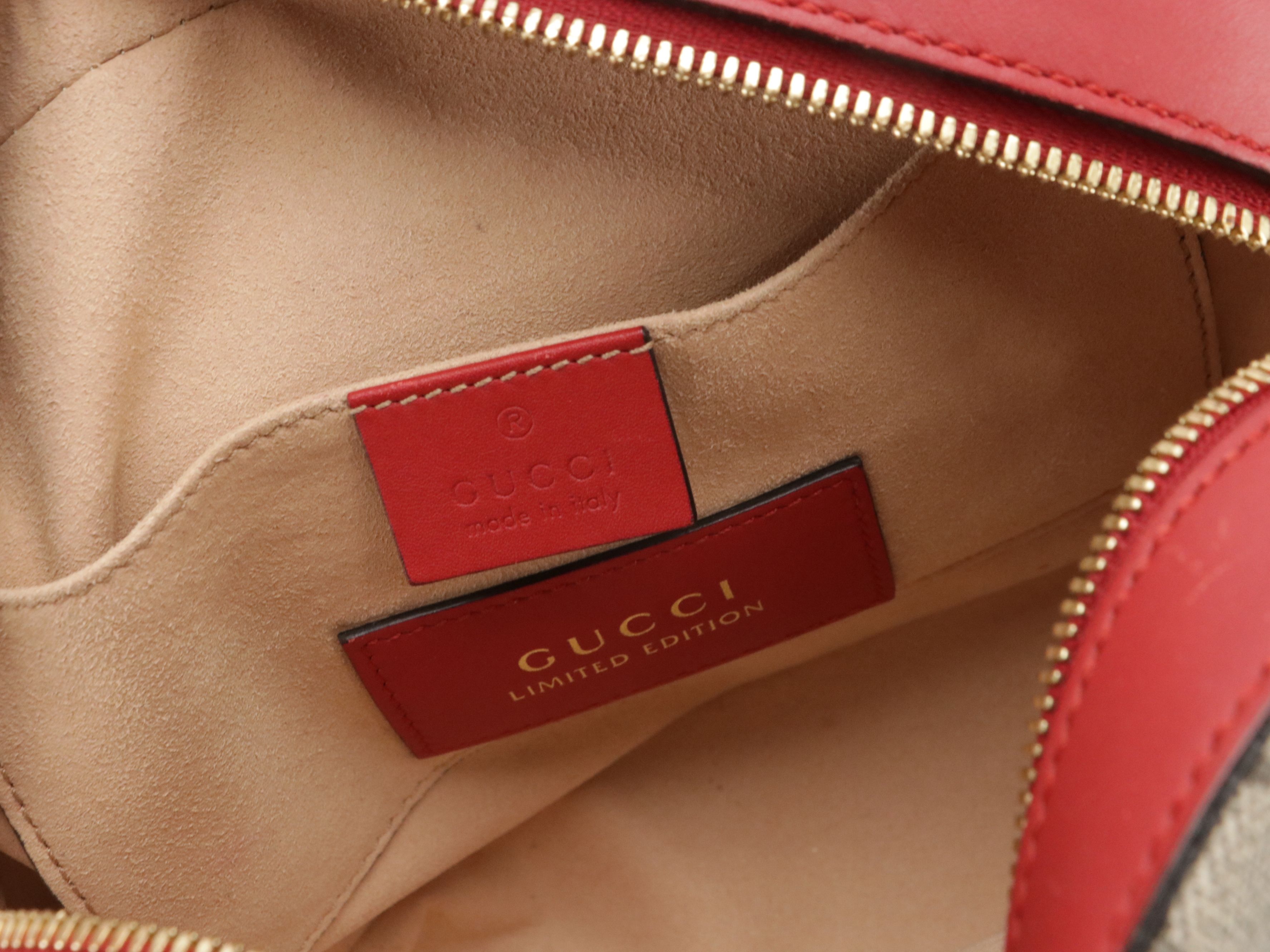 Gucci Snake Embroidery Chain Crossbody Bag in GG Supreme Canvas and Red Leather