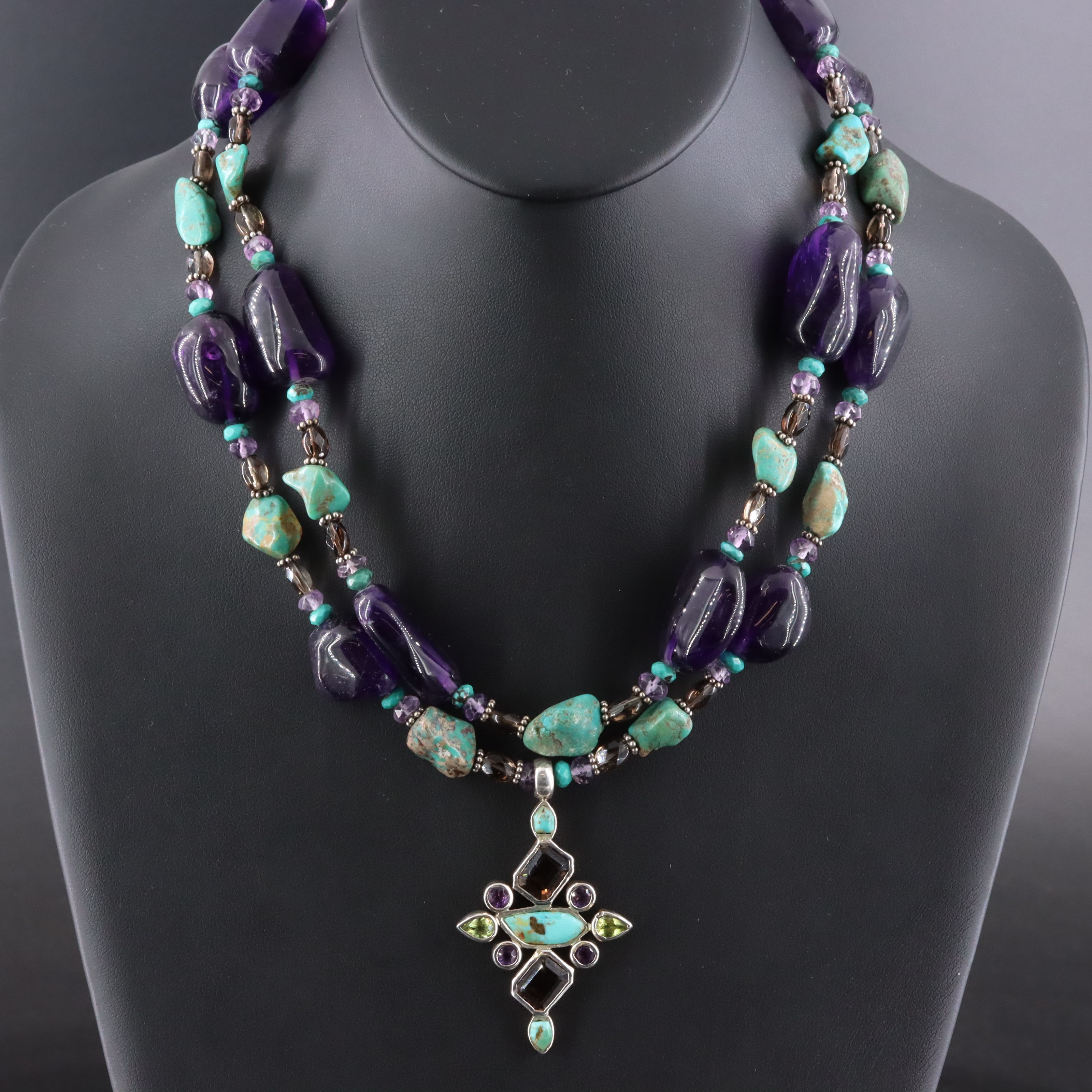 Sterling Tiered Double Strand Necklace Featuring Amethyst, Smoky Quartz, Peridot