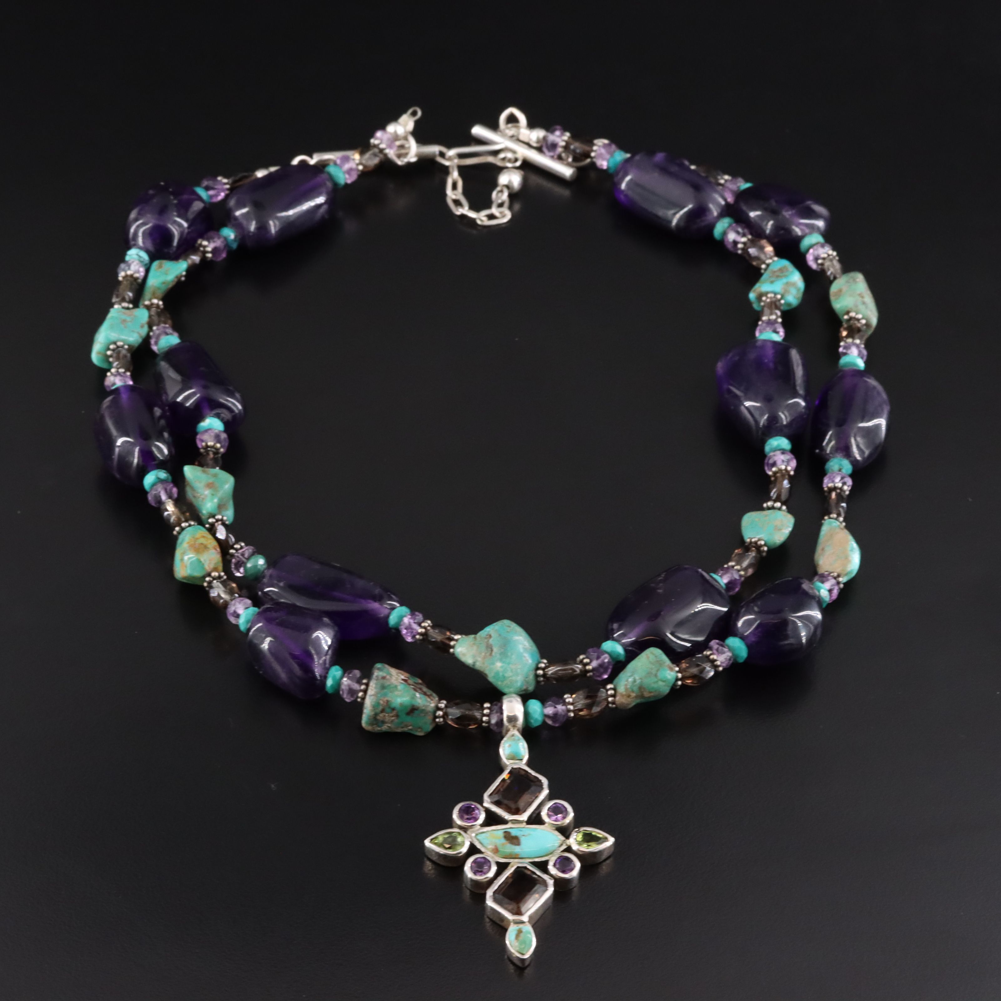 Sterling Tiered Double Strand Necklace Featuring Amethyst, Smoky Quartz, Peridot