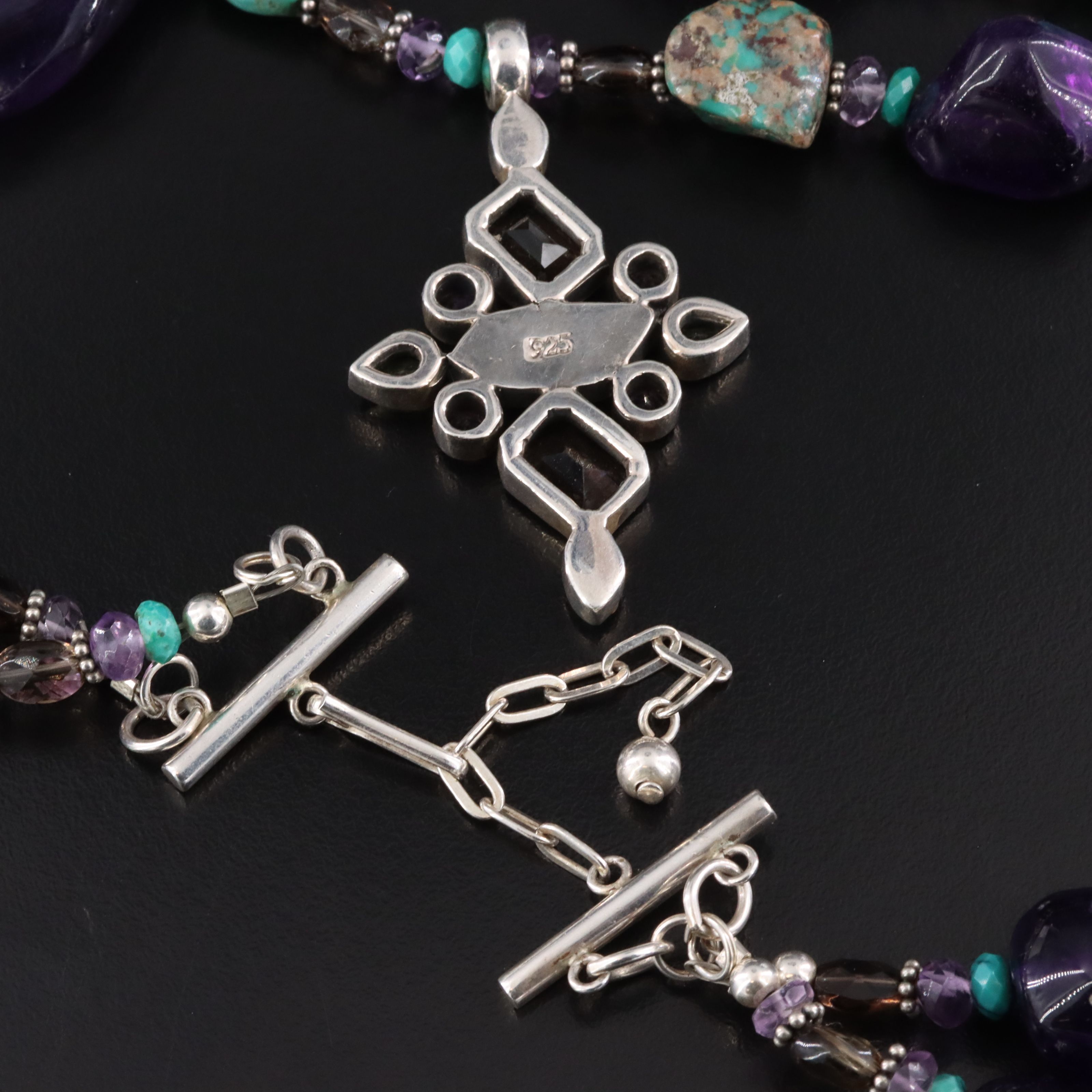 Sterling Tiered Double Strand Necklace Featuring Amethyst, Smoky Quartz, Peridot