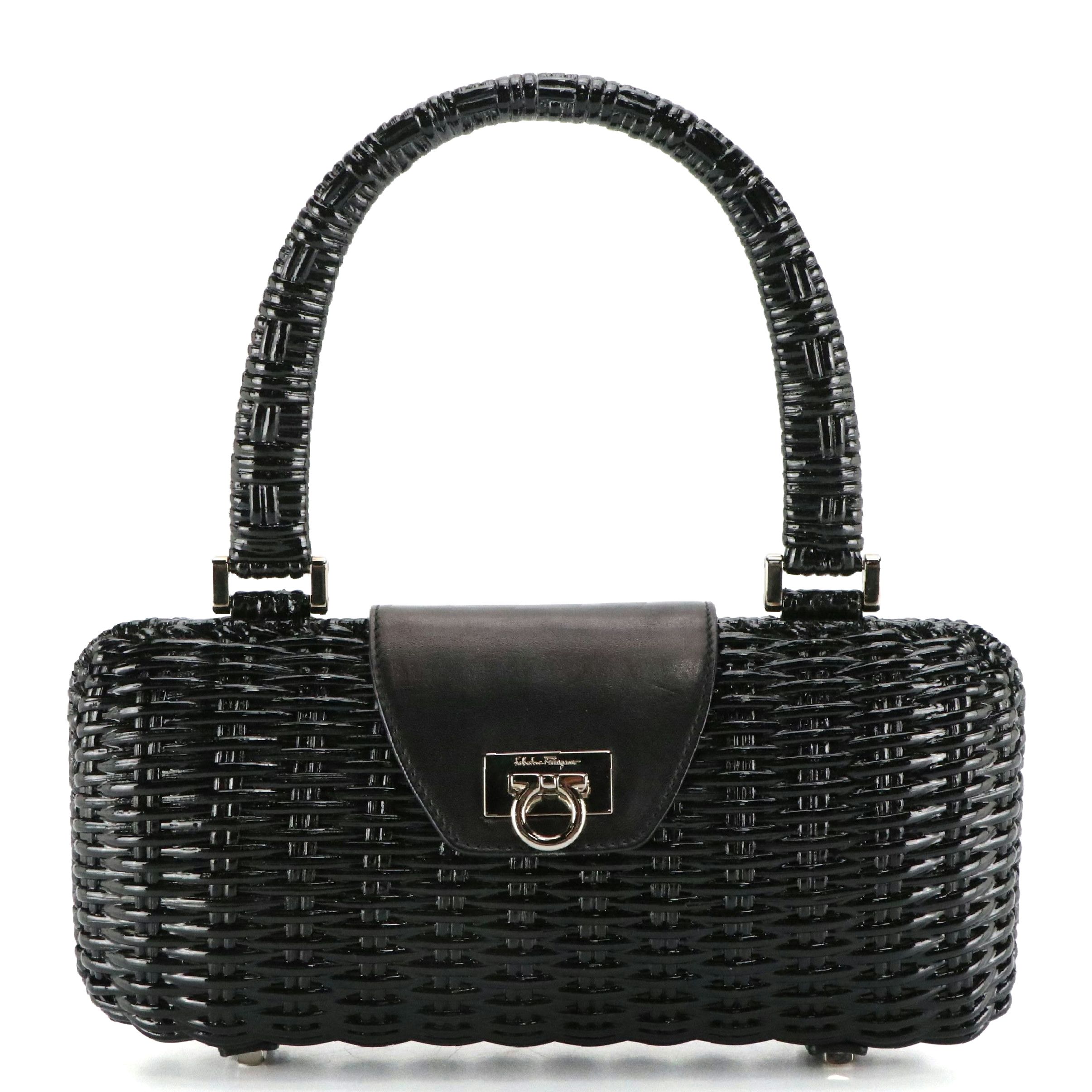 Salvatore Ferragamo Clamshell Handbag in Shiny Black Wicker and Calfskin