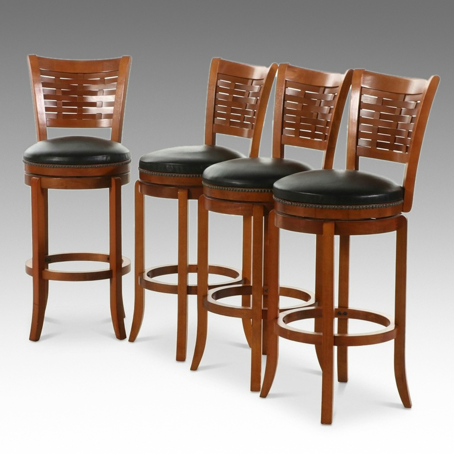 Set of Four Contemporary Swivel Barstools with Basketweave Backs, 21st Century
