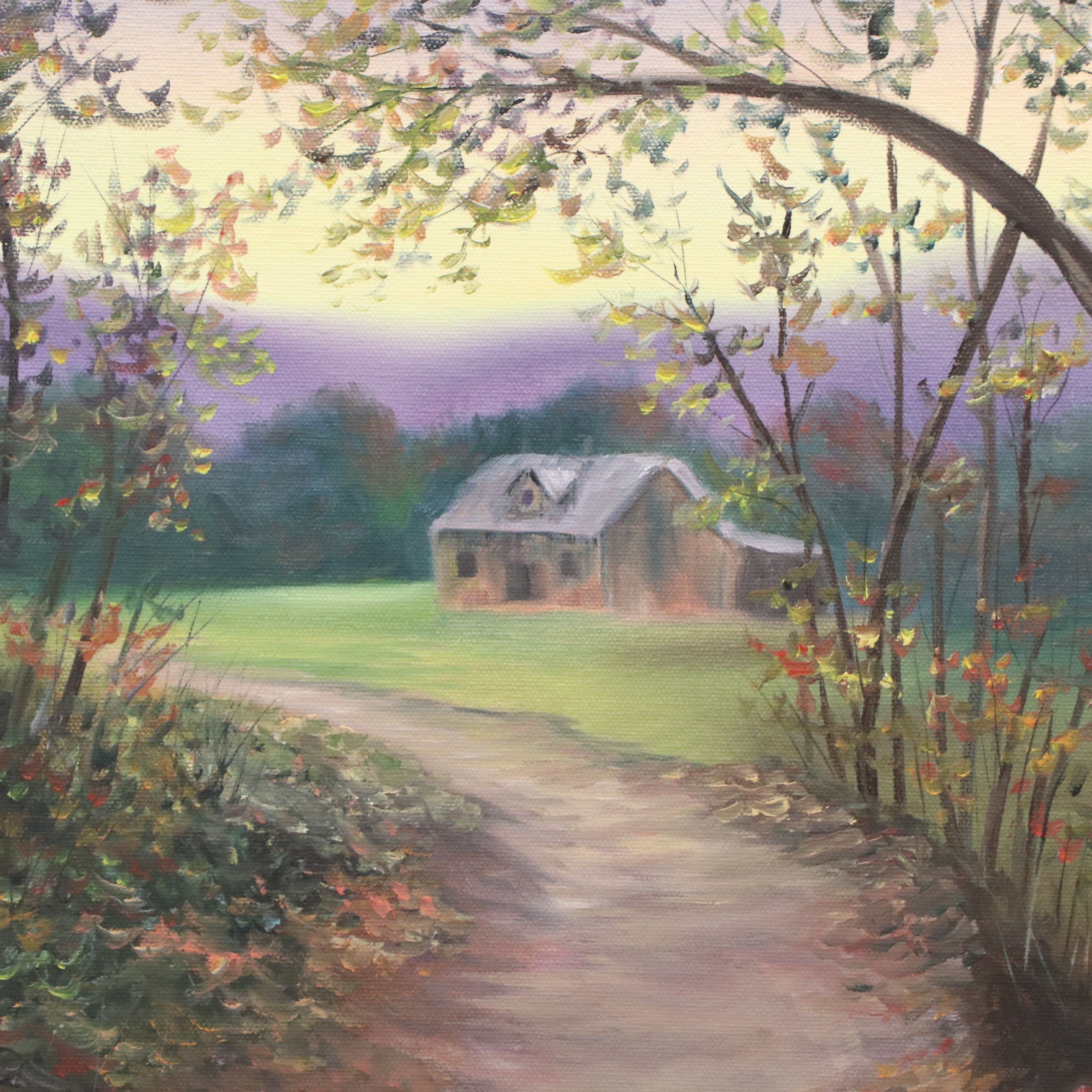 Idyllic Countryside Residential Landscape Oil Painting