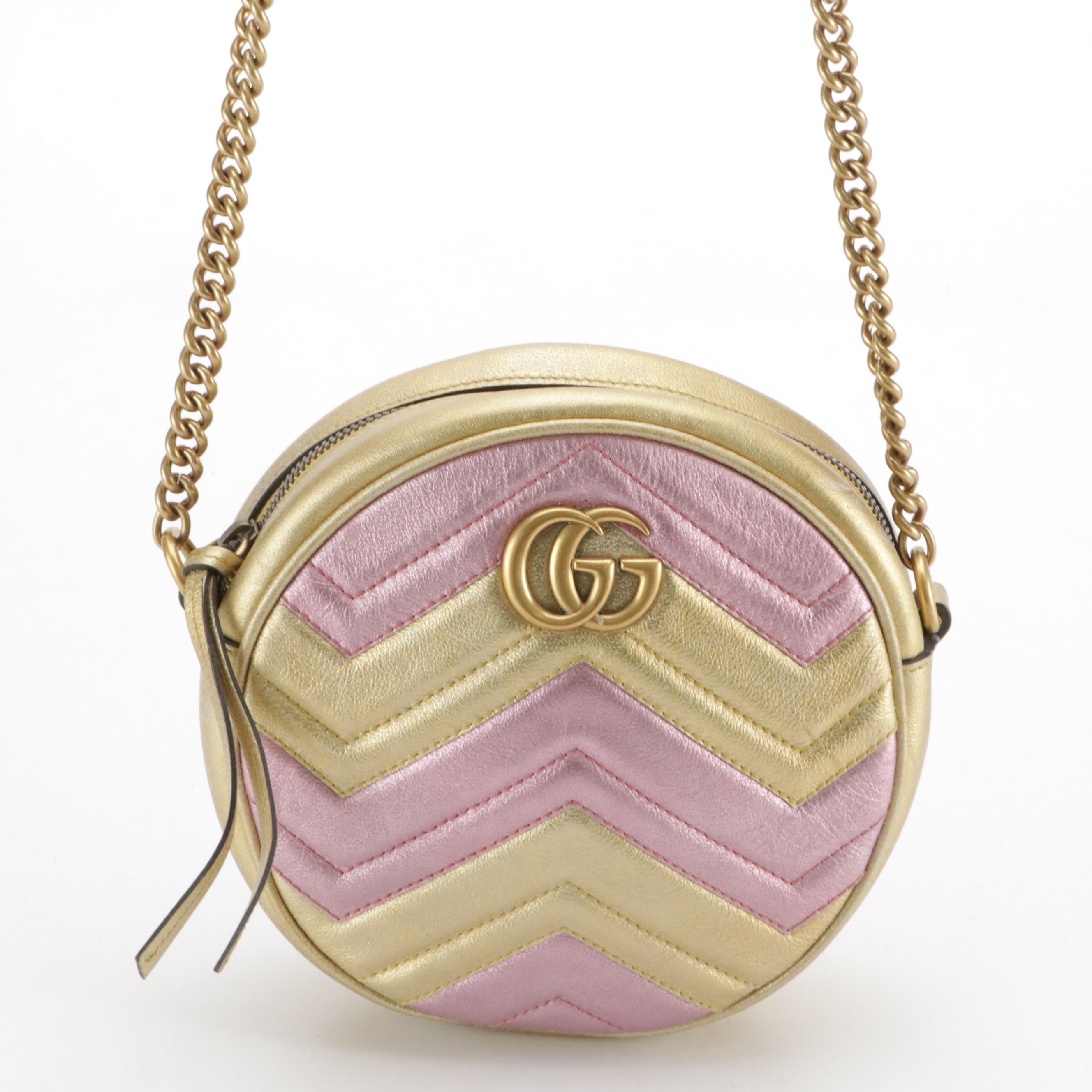 Gucci Marmont Mini Round Crossbody in Metallic Gold and Pink Leather