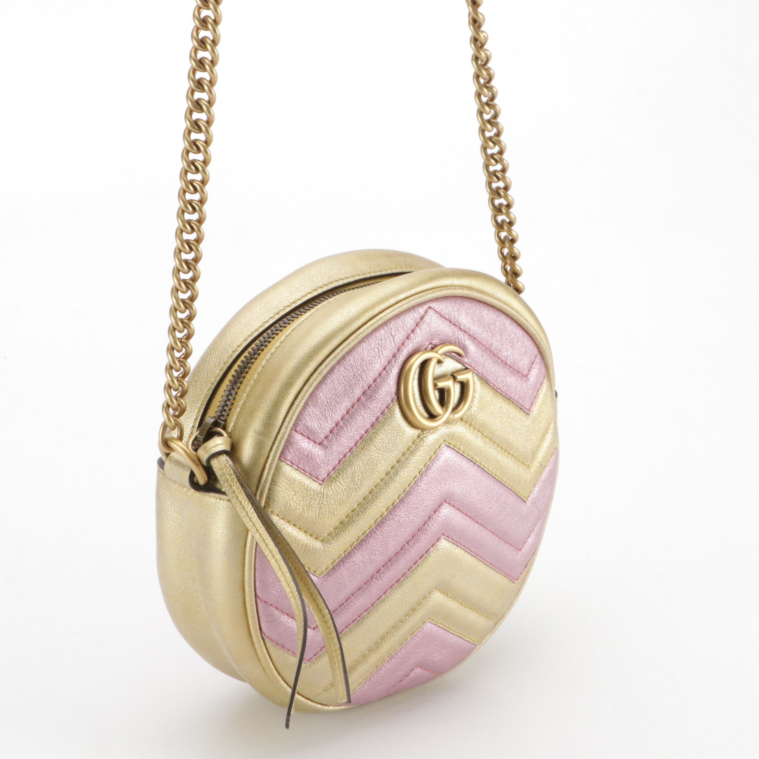 Gucci Marmont Mini Round Crossbody in Metallic Gold and Pink Leather