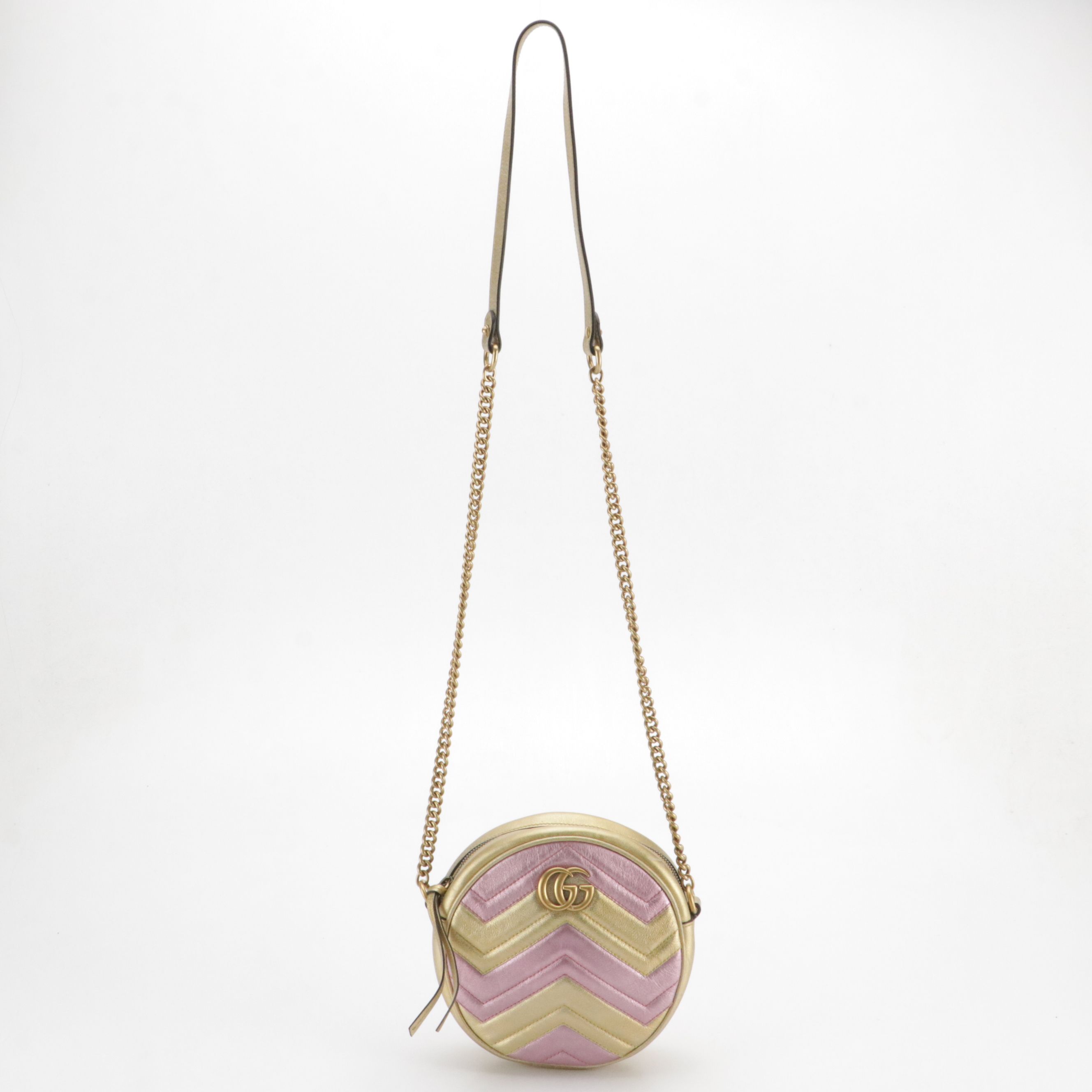 Gucci Marmont Mini Round Crossbody in Metallic Gold and Pink Leather