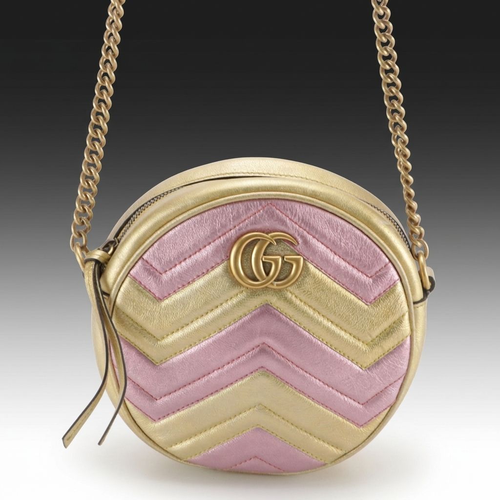 Gucci Marmont Mini Round Crossbody in Metallic Gold and Pink Leather