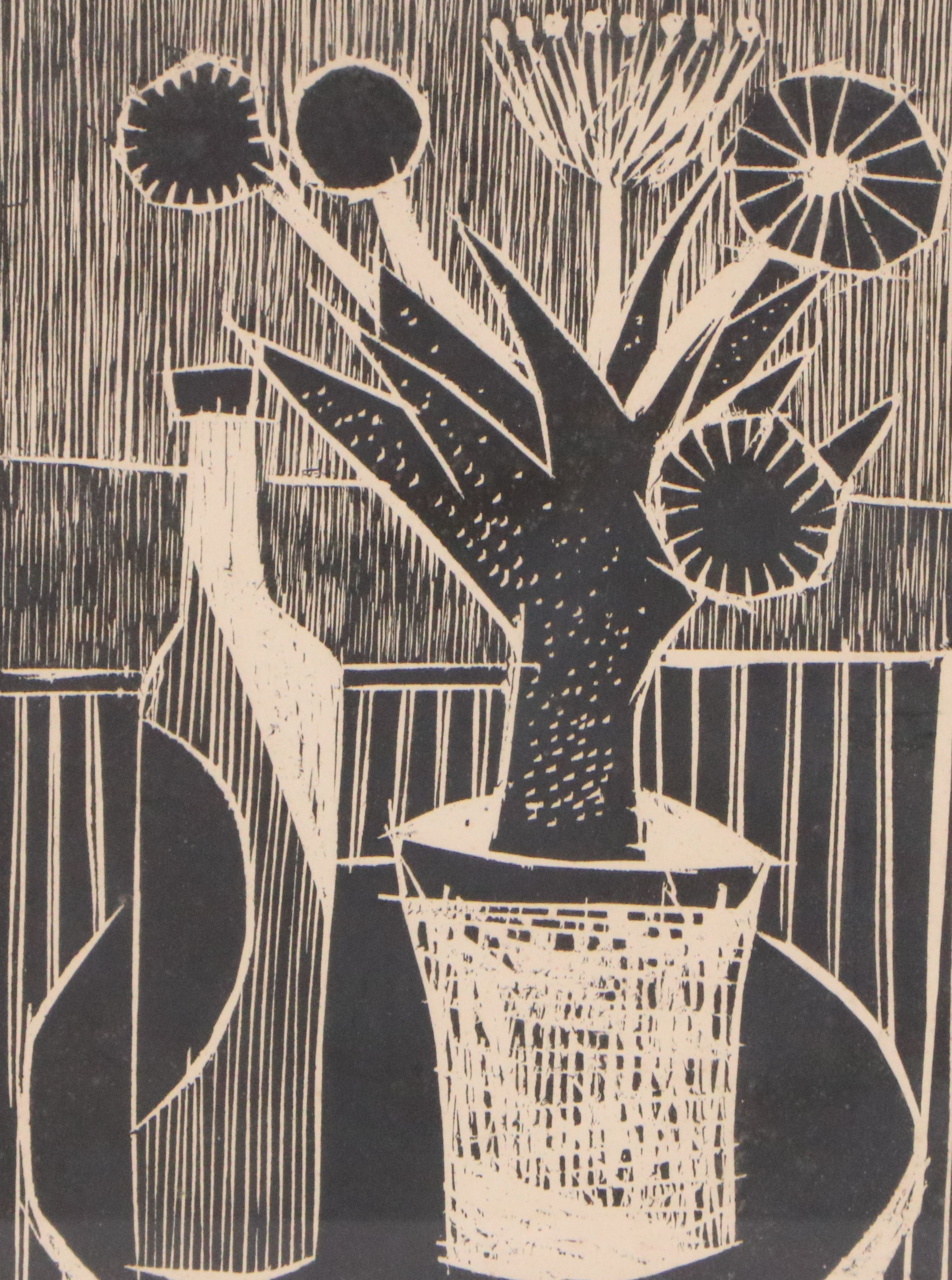 Arne Lindaas Modernist Linocut "Kaktus," 1948