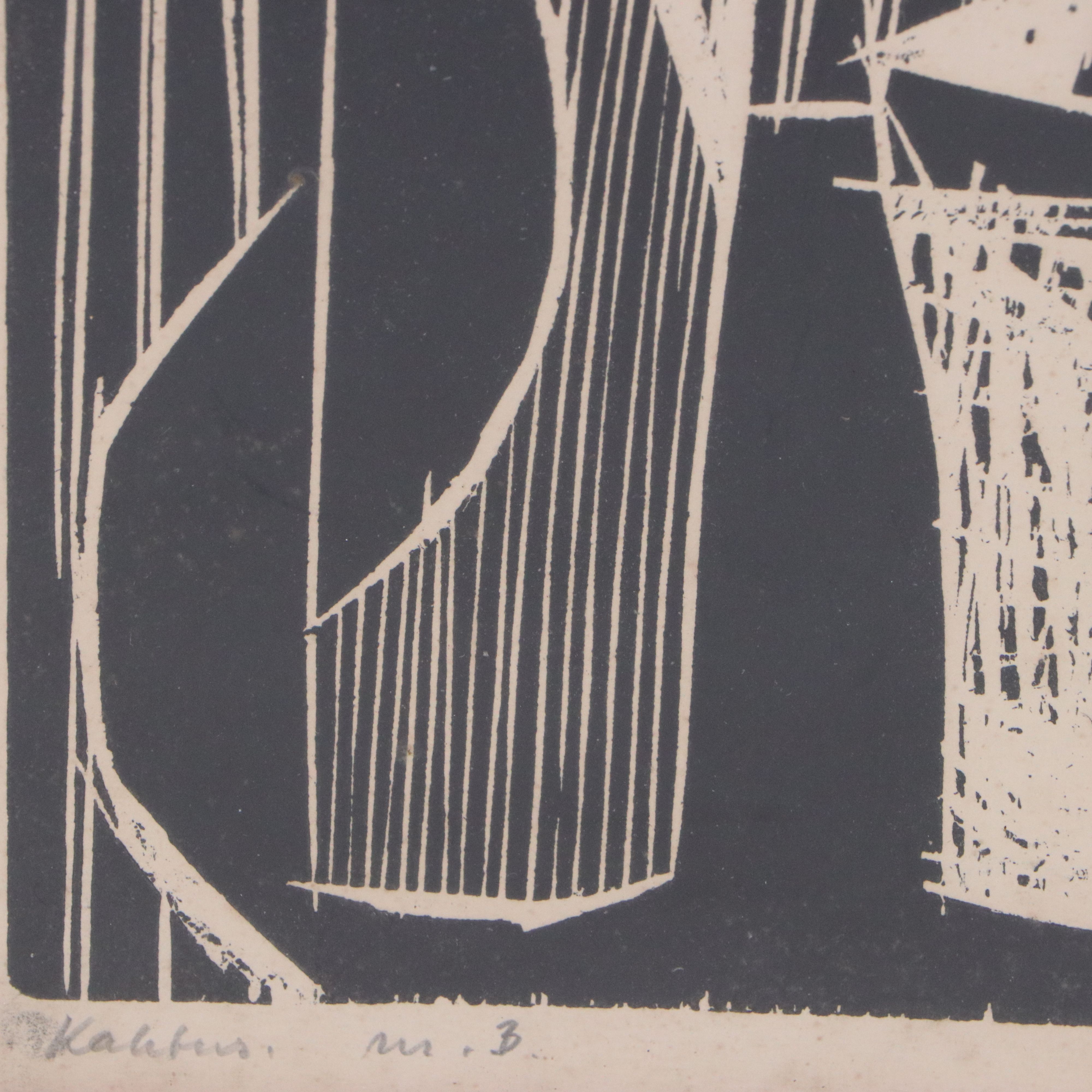 Arne Lindaas Modernist Linocut "Kaktus," 1948
