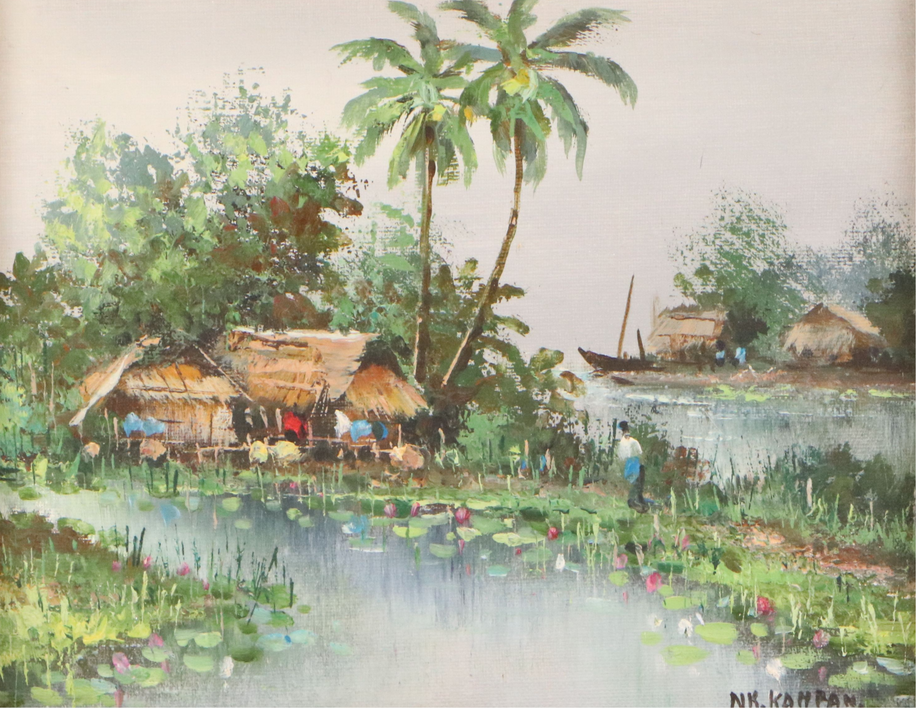 Thai Souvenir Oil Painting of Fishing Village, Circa 1979