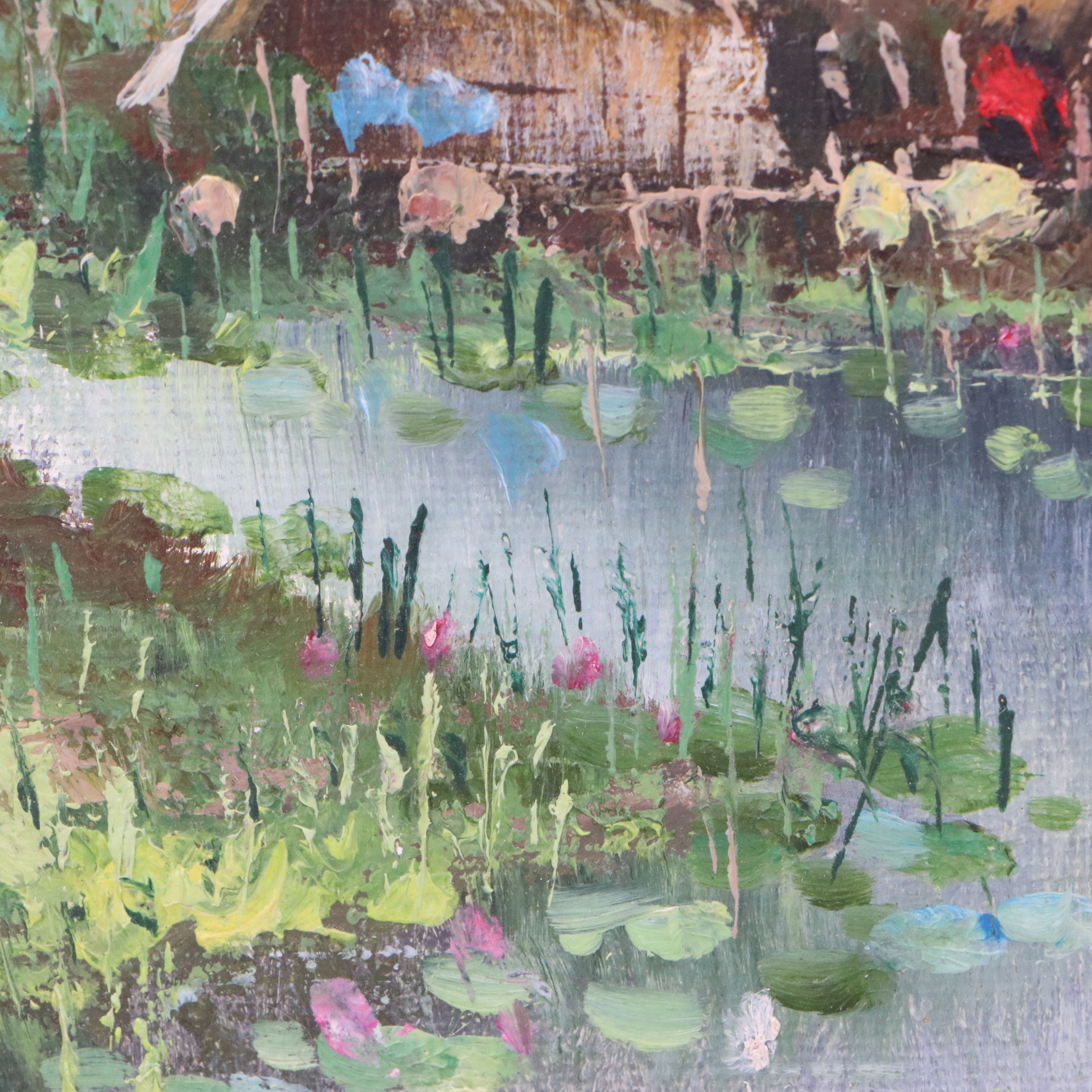 Thai Souvenir Oil Painting of Fishing Village, Circa 1979