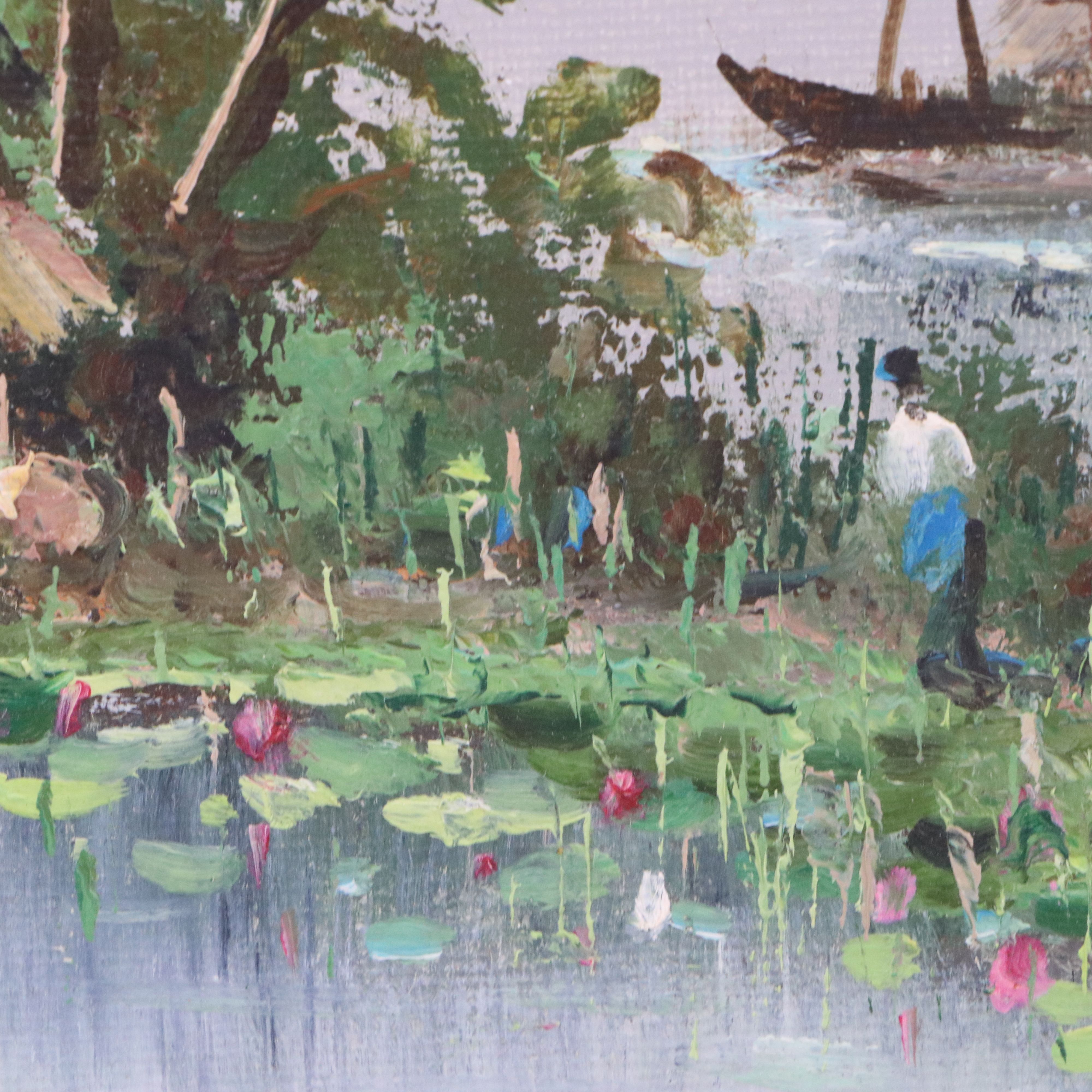 Thai Souvenir Oil Painting of Fishing Village, Circa 1979