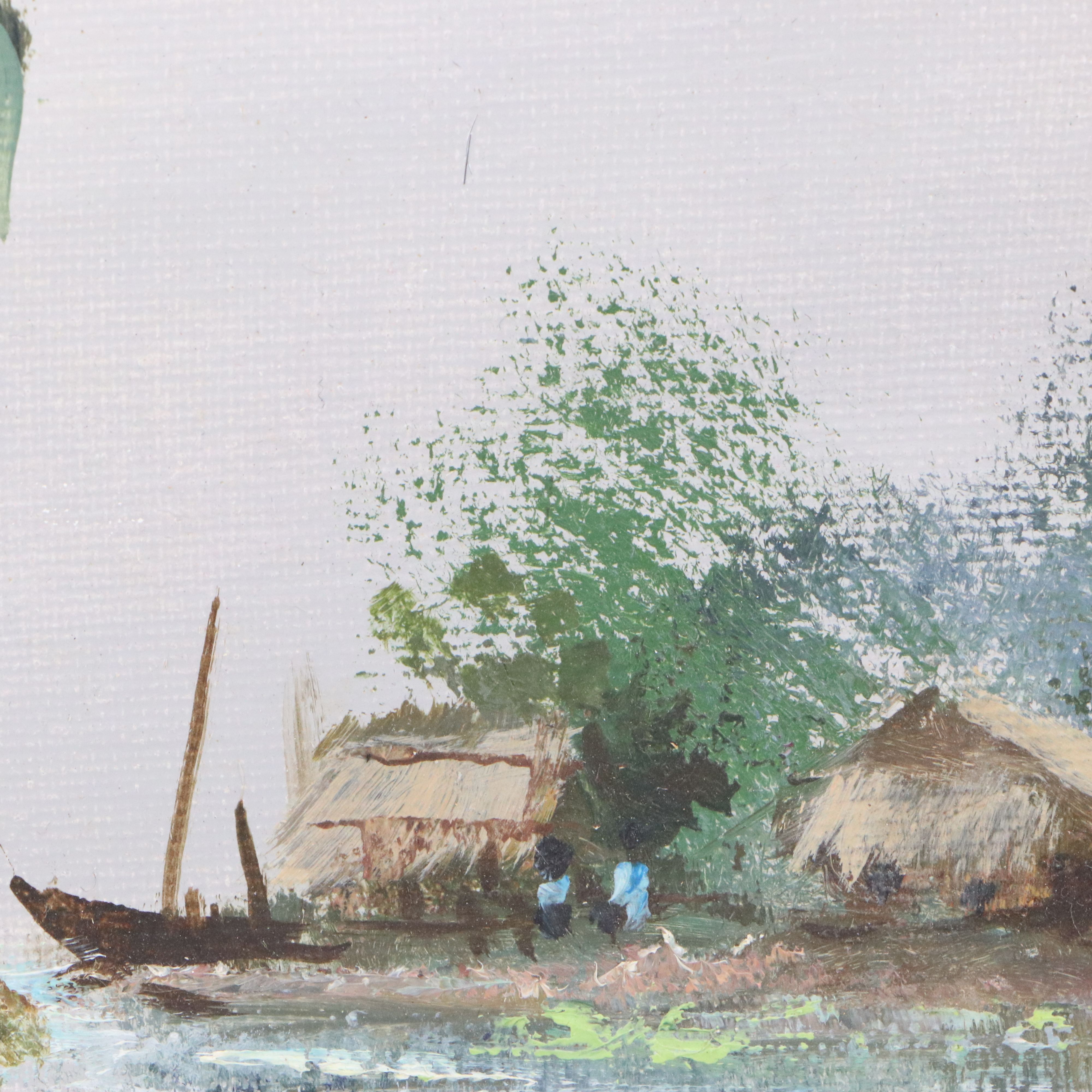 Thai Souvenir Oil Painting of Fishing Village, Circa 1979