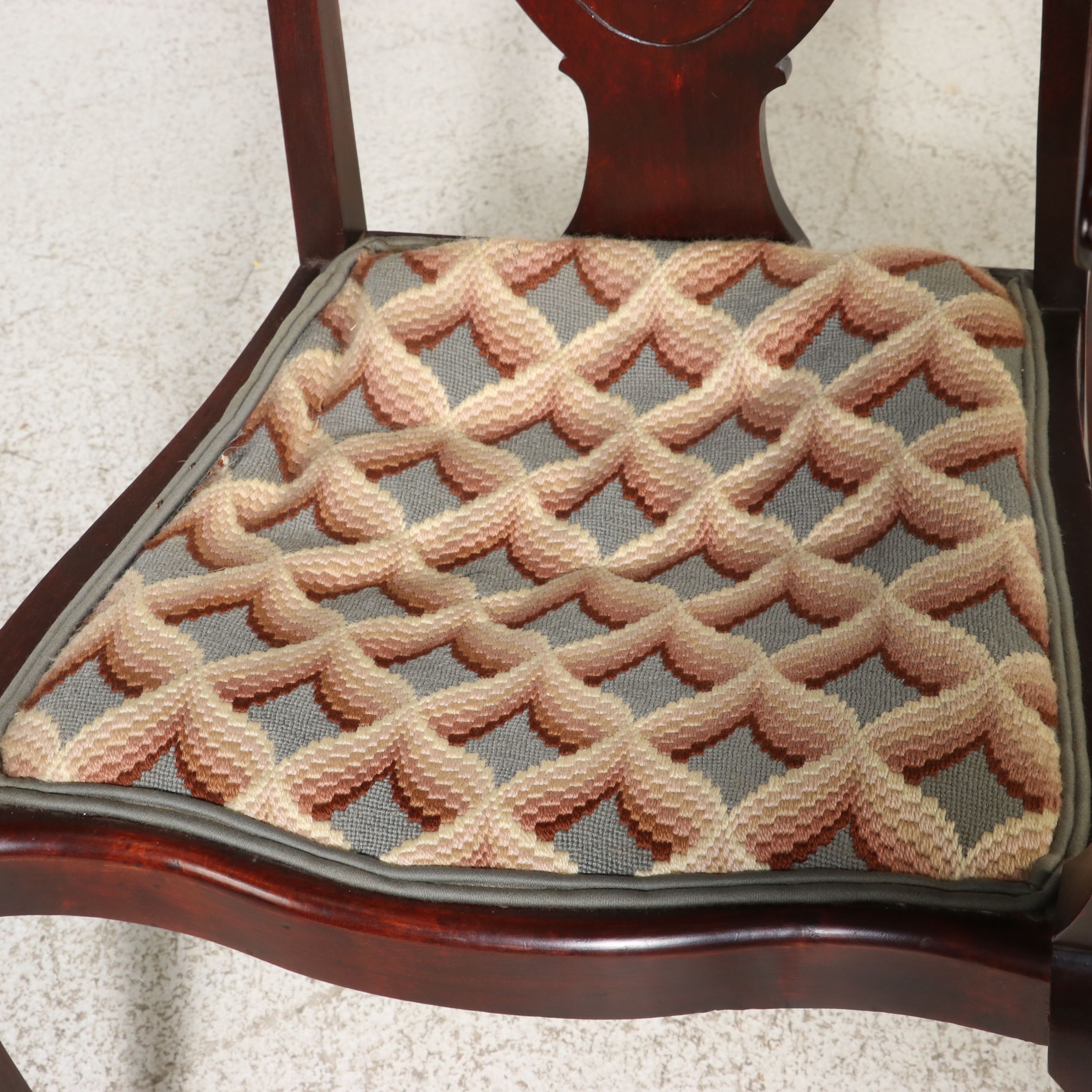 Art Nouveau Mahogany Inlaid Shield-Back Armchair with Bargello Needlepoint Seat