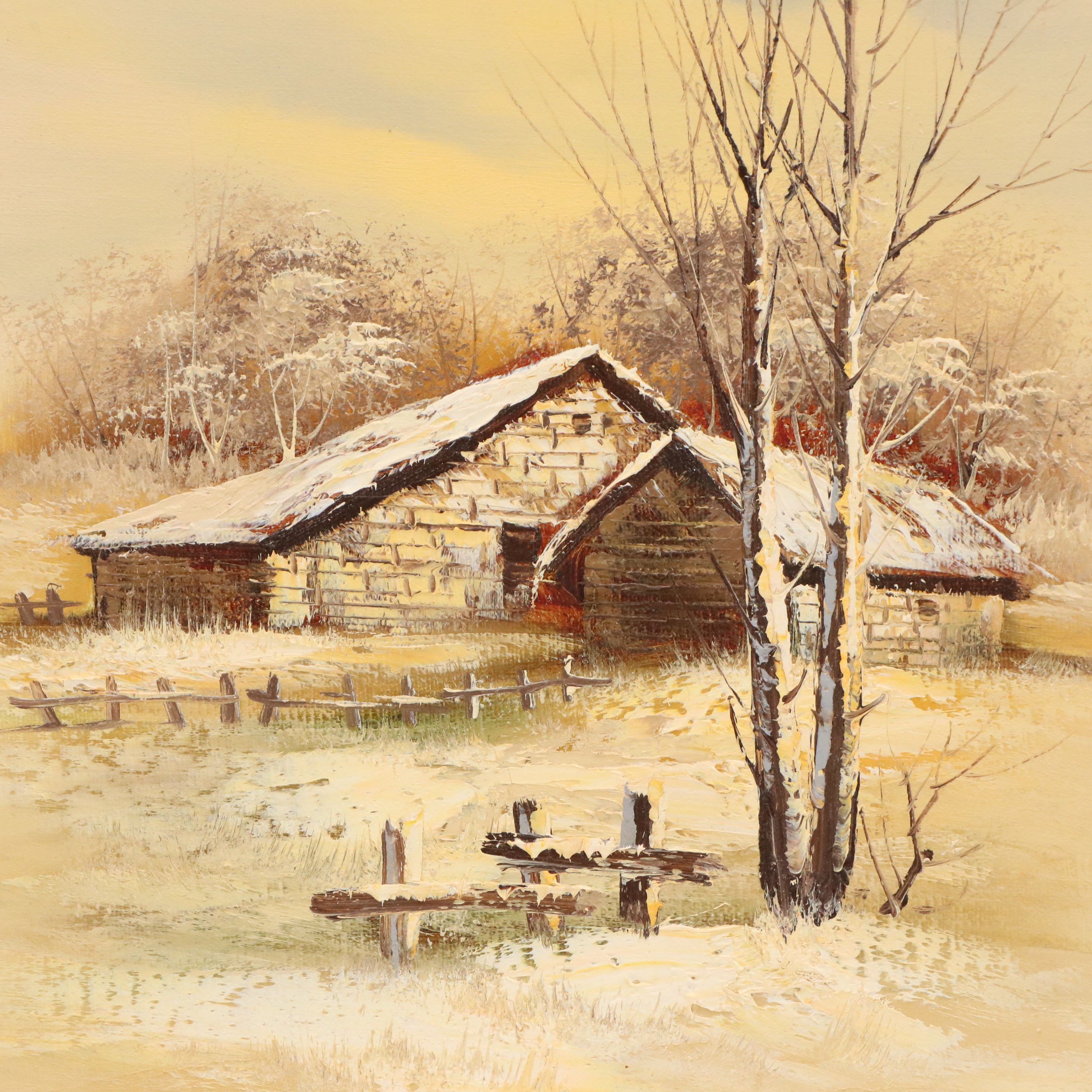 Rural Farm Landscape Oil Painting, Circa 1970