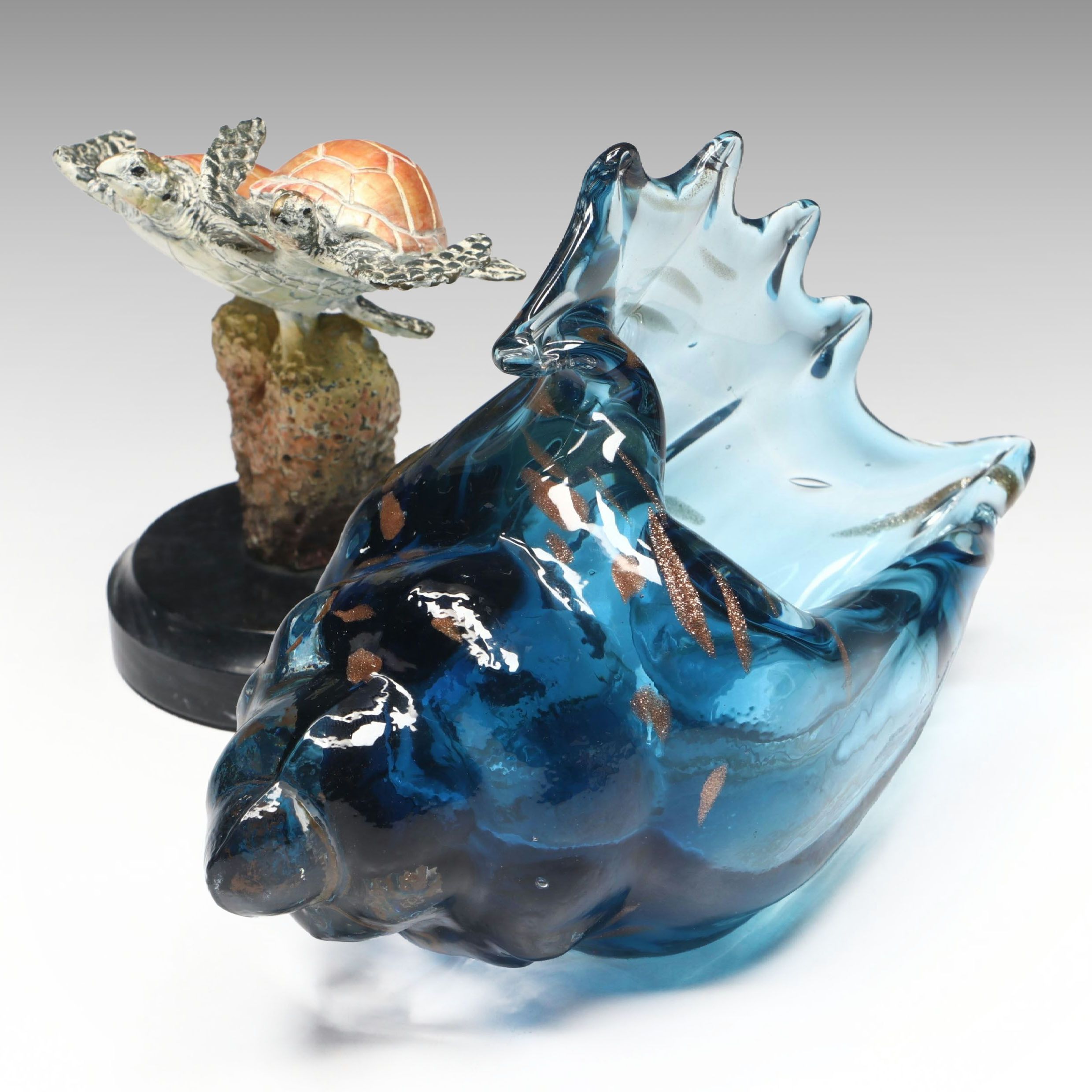 San Pacific International Brass Sea Turtles on Marble with Glass Conch Shell