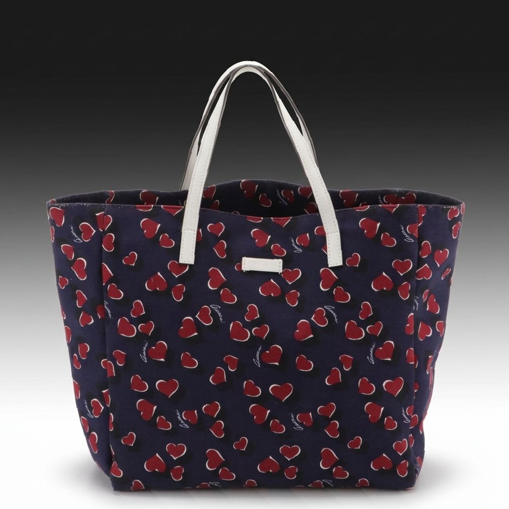 Gucci Tote Bag in Heartbeat Print Canvas with White Leather Trim
