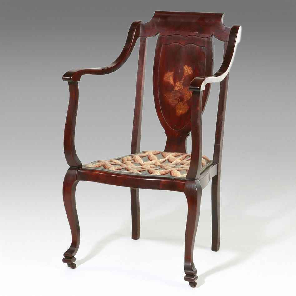 Art Nouveau Mahogany Inlaid Shield-Back Armchair with Bargello Needlepoint Seat