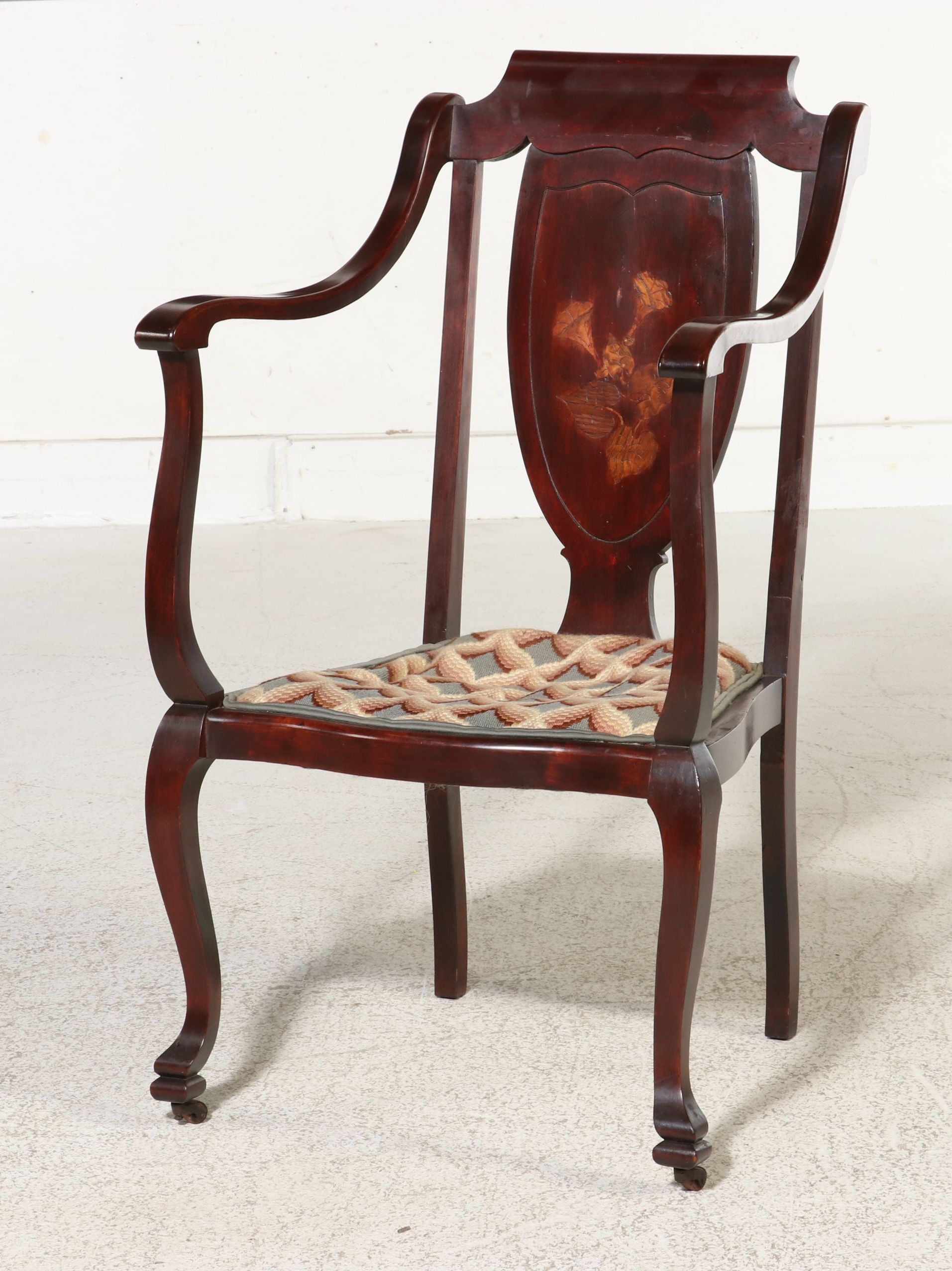 Art Nouveau Mahogany Inlaid Shield-Back Armchair with Bargello Needlepoint Seat