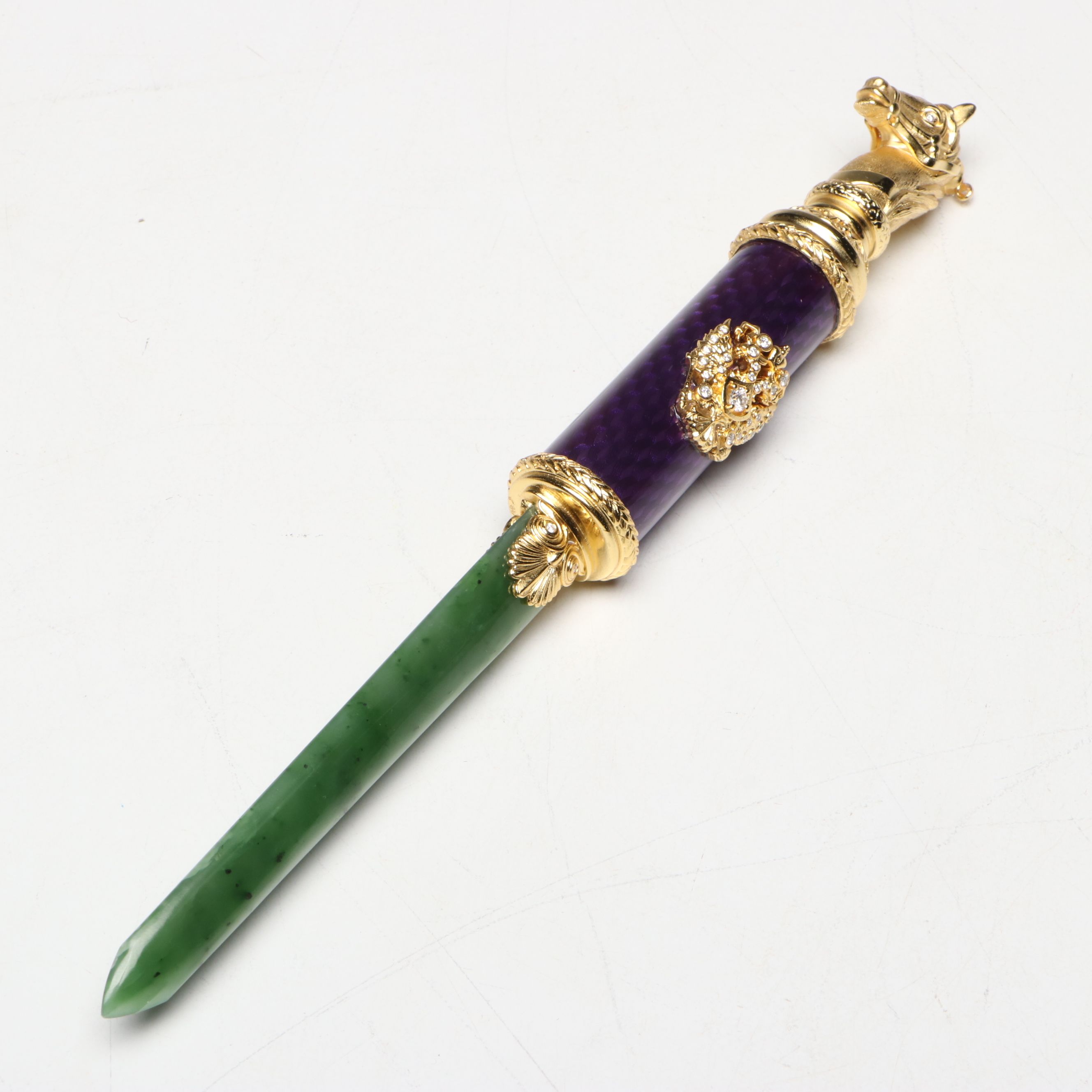 Imperial Russian Gilt Silver and Nephrite Letter Opener with Diamond Accents