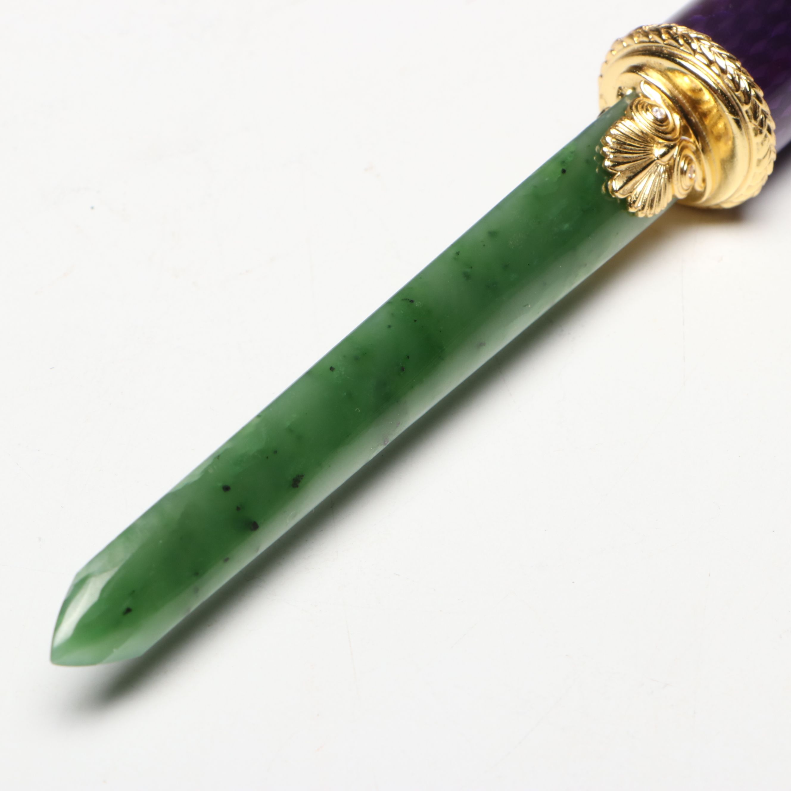 Imperial Russian Gilt Silver and Nephrite Letter Opener with Diamond Accents