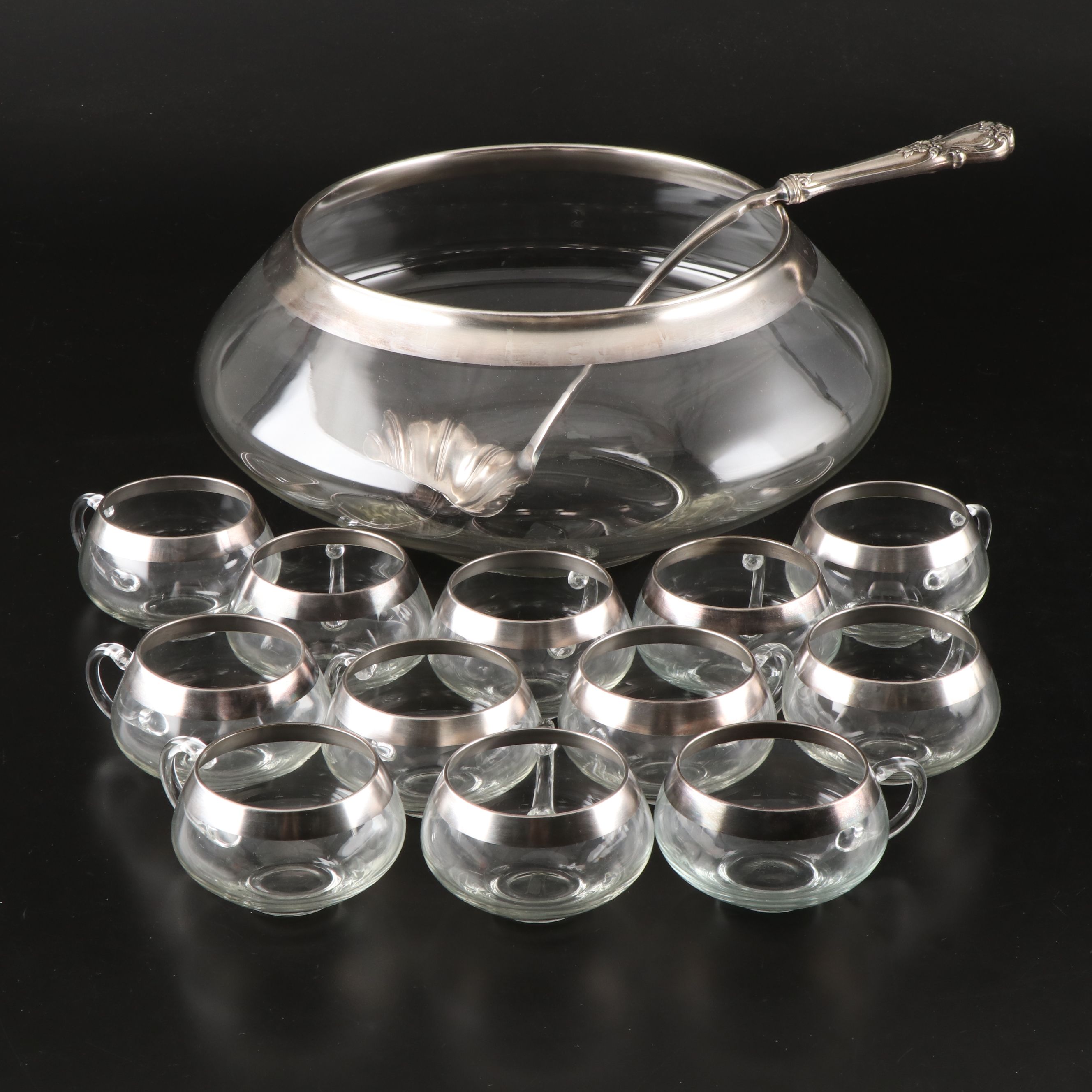MCM Dorothy Thorpe Style Glass Punch Bowl and Cups with Silver Plate Ladle