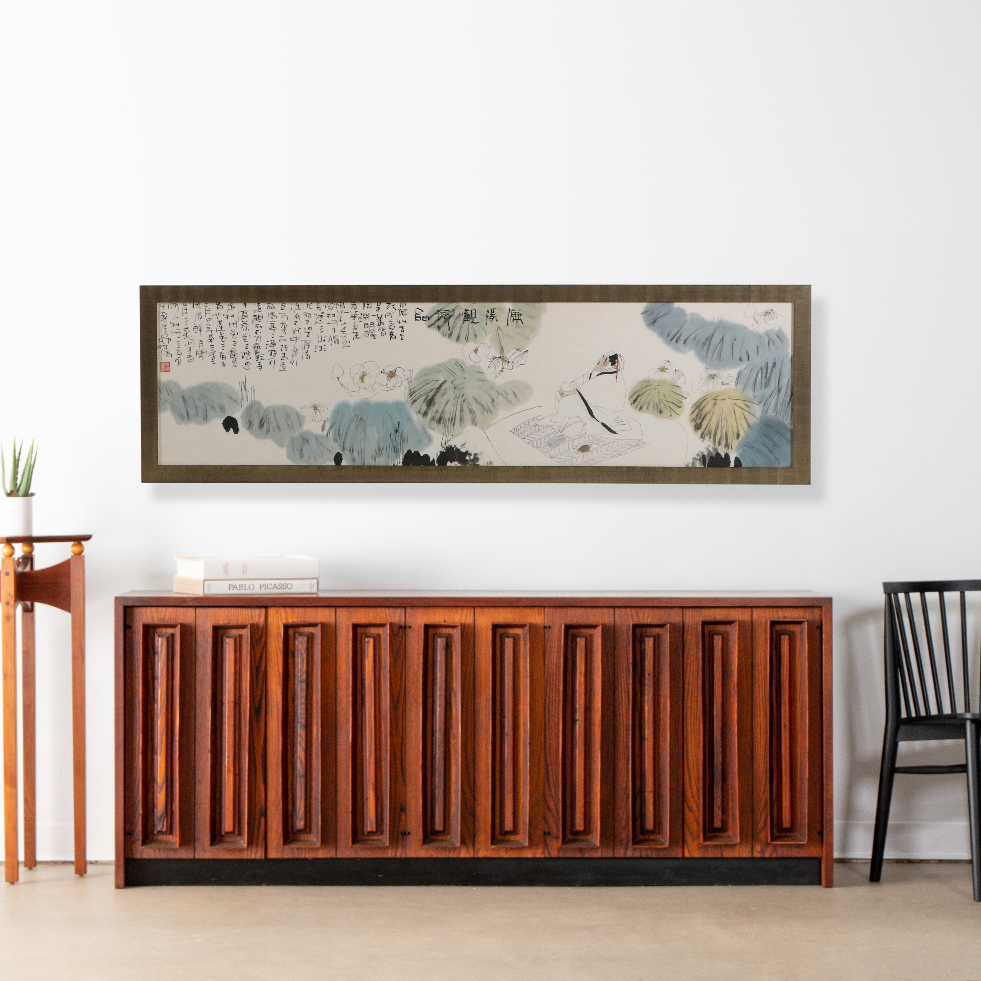 Chinese School Ink and Watercolor Painting of Scholar Viewing Nature