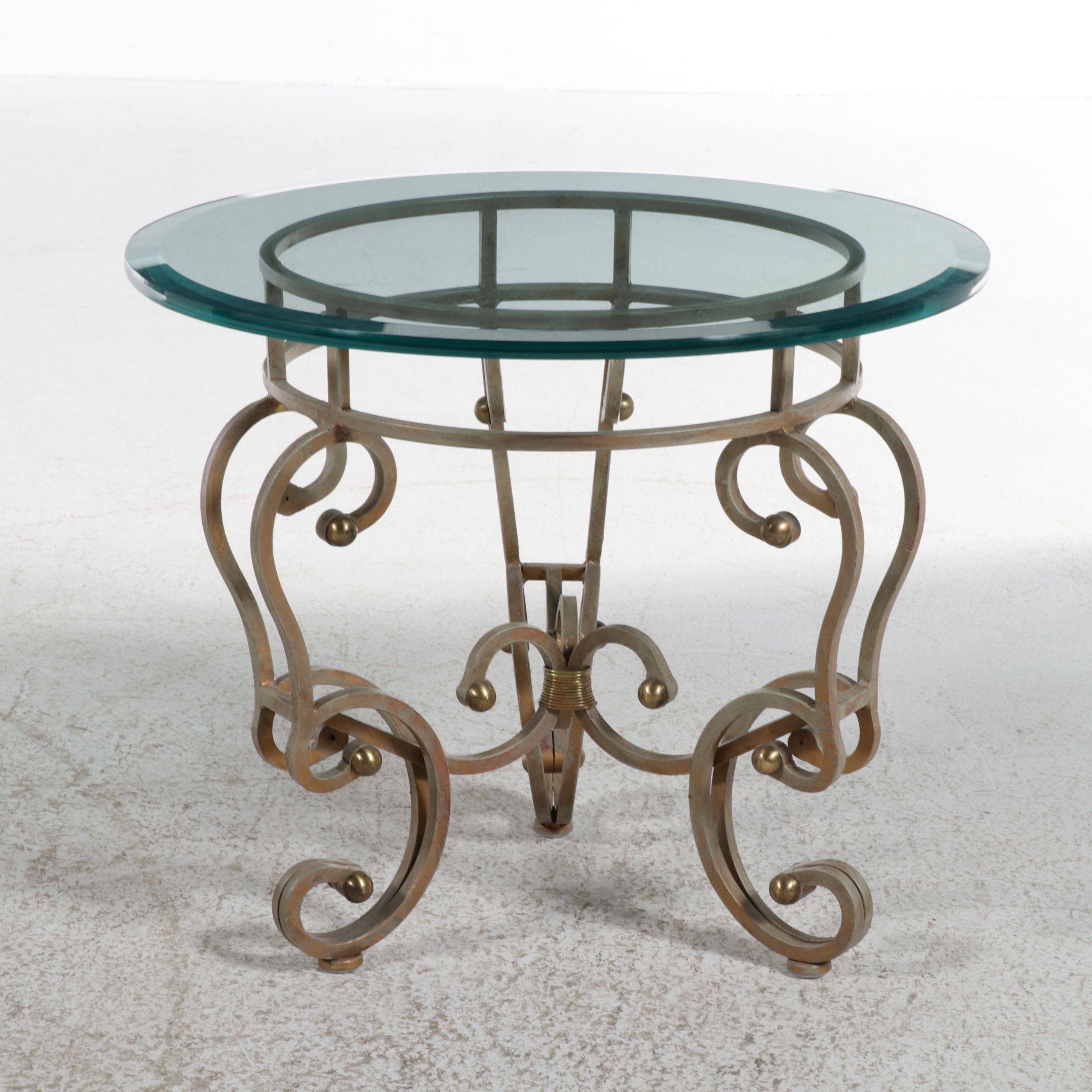 Hollywood Regency Style Scroll Wrought Metal Side Table with Glass Top