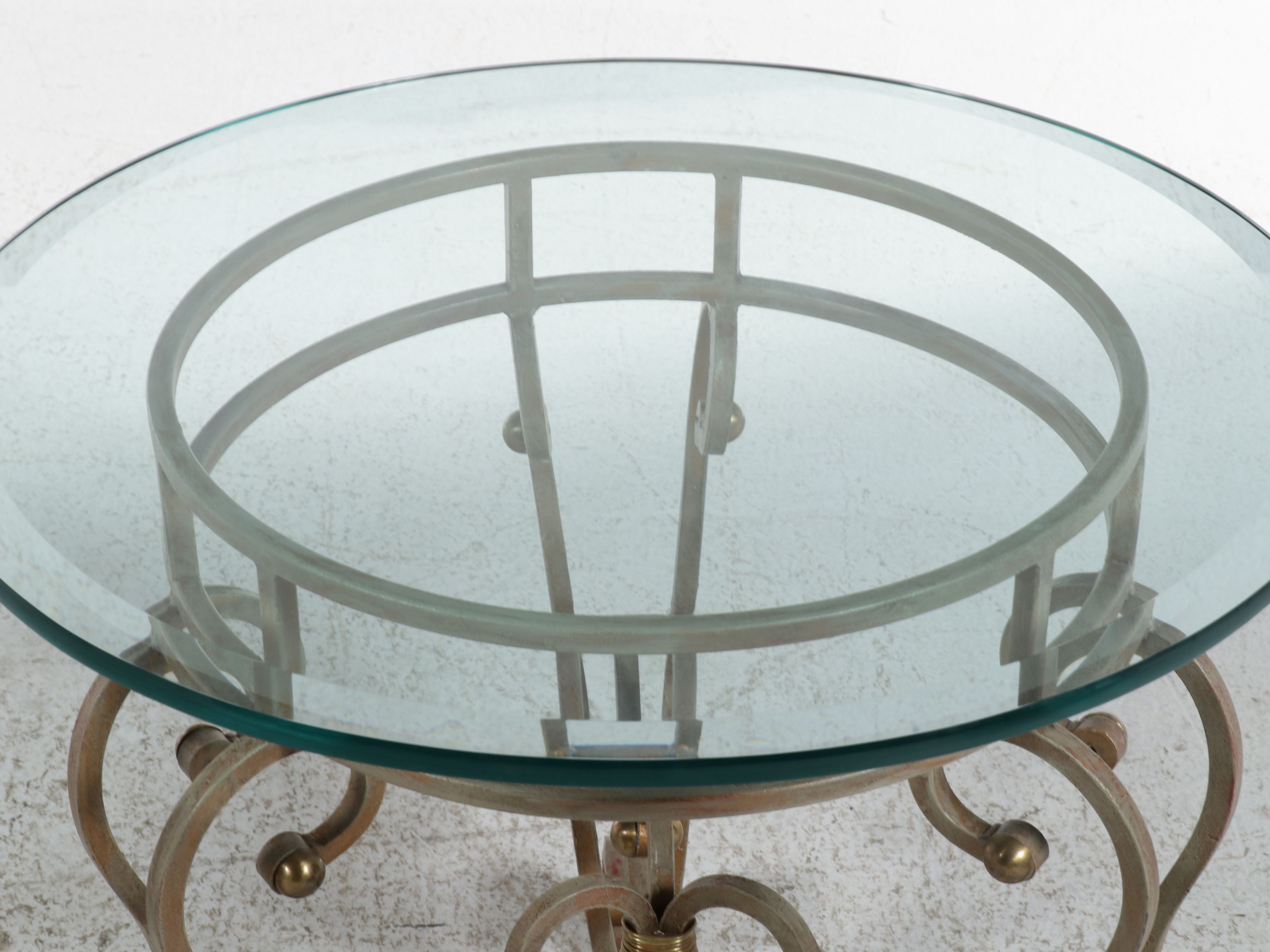 Hollywood Regency Style Scroll Wrought Metal Side Table with Glass Top